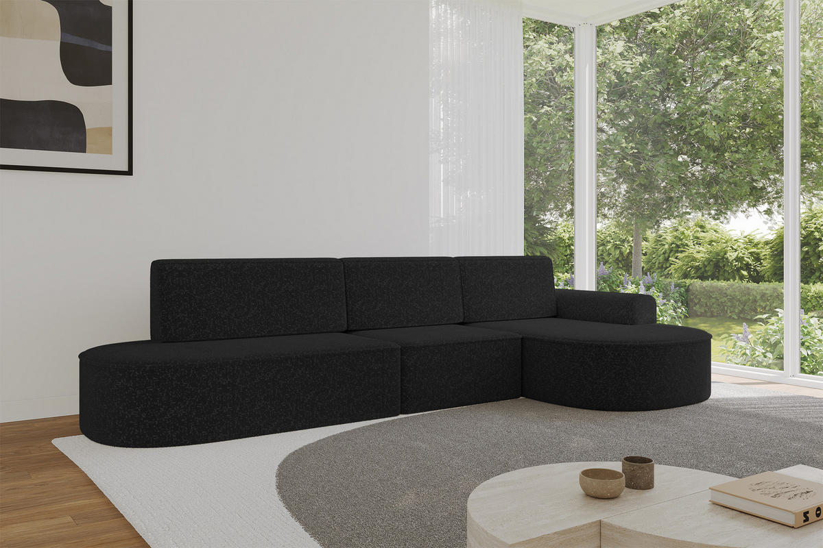 ECKSOFA mit Schlaffunktion Ottomane RECHTS MARI L2-S 368X167X85 Schwarz Velours - Schwarz Hochglanz/Schwarz, Holzwerkstoff/Kunststoff (167/368cm) - ALTDECOR