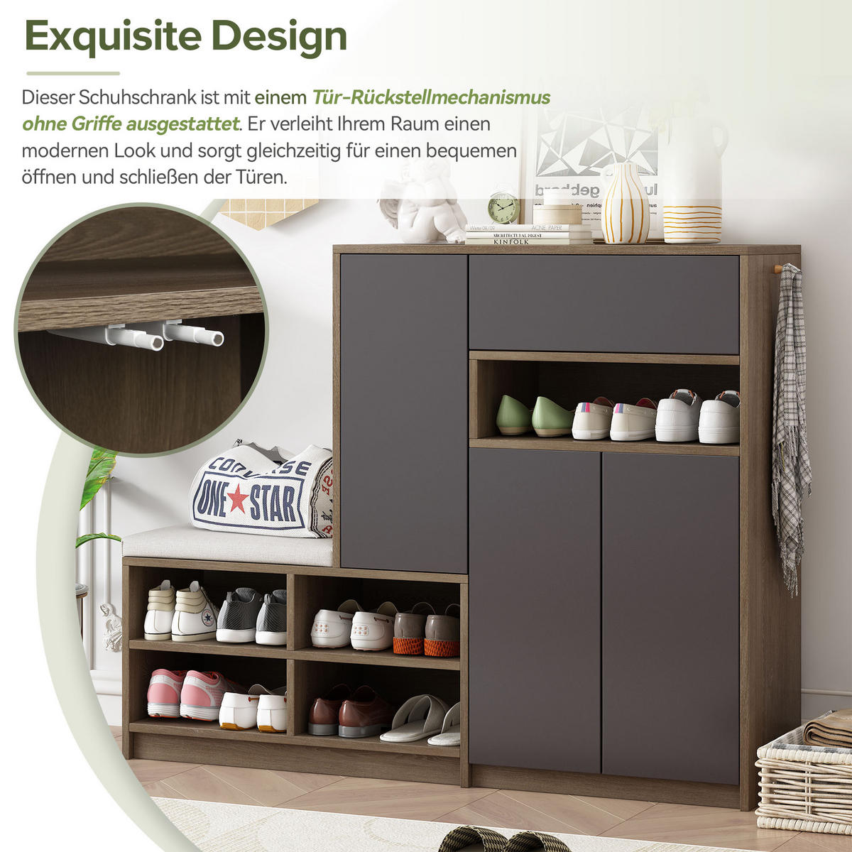 SCHUHSCHRANK Bank mit Sitz Grau 140x35x110cm - Grau, Holzwerkstoff (35/110/140cm) - FLIEKS