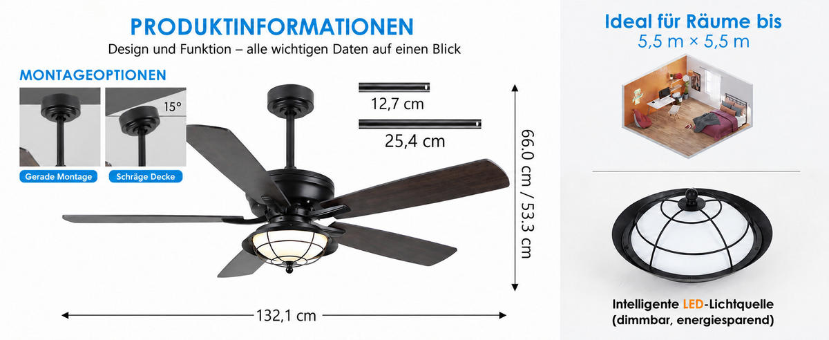 DECKENVENTILATOR für geschützte Außenbereiche Schwarz 132 cm mit LED und leisem DC-Motor 5013 - Schwarz, Metall (132.1/132.1/53.3cm) - Surtime