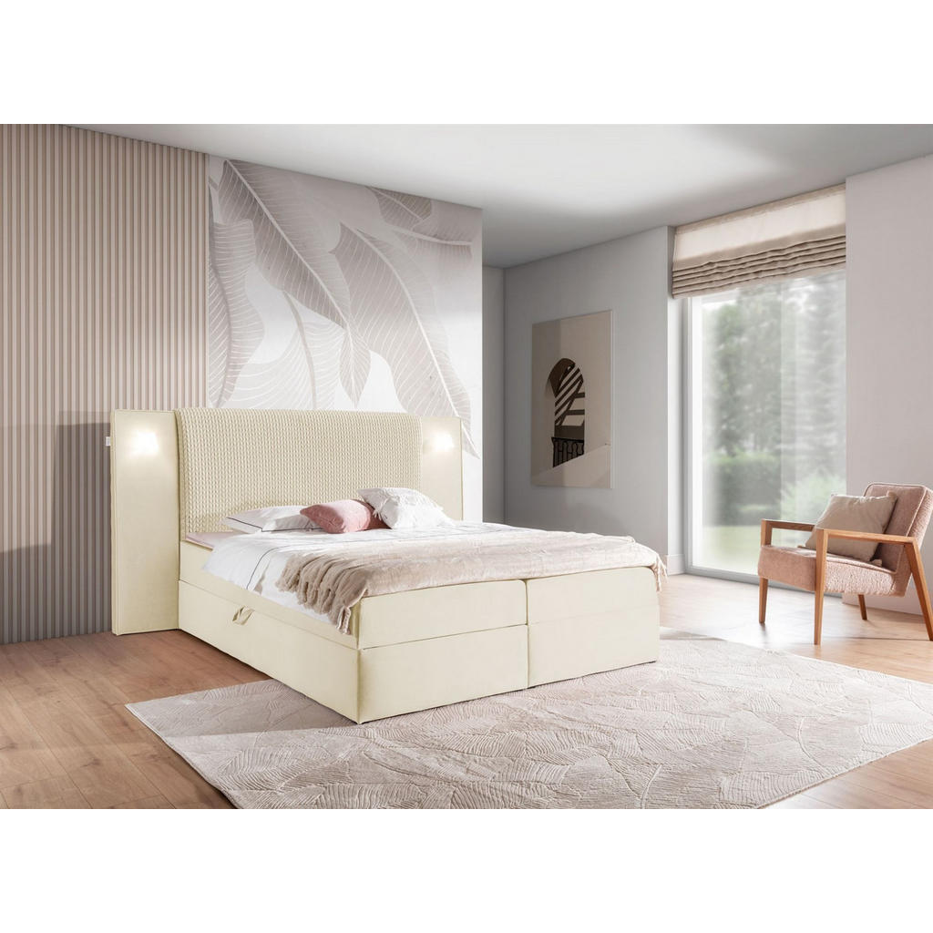 Thumbnail - Fun Möbel Boxbett, Creme, Textil, 160x220 cm, Schlafzimmer, Betten, Boxspringbetten