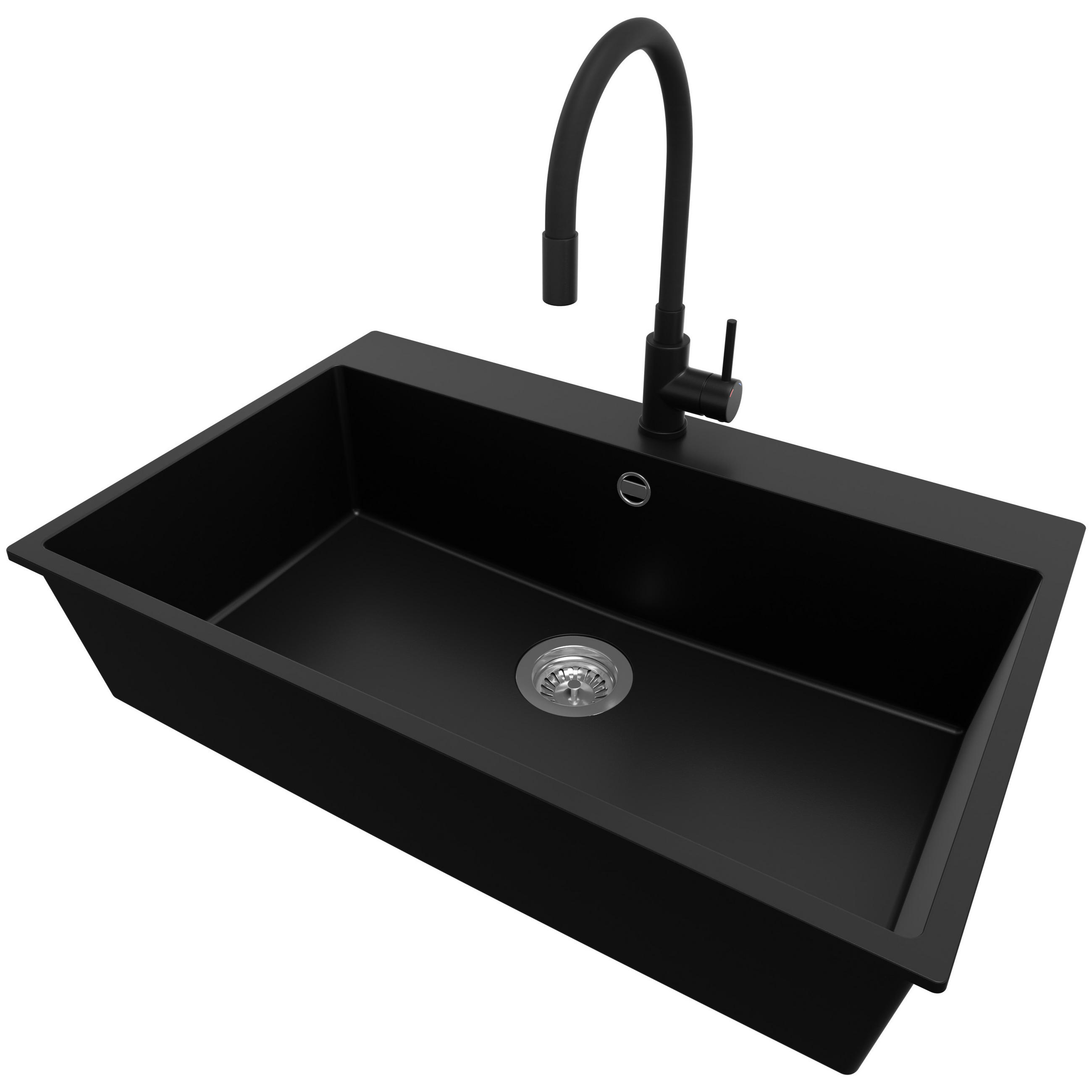 GRANITSPÜLE Riga, 2-er set Schwarz 78/50 cm 1 Becken + Küchenarmatur 40/38 cm + Ablauf-Set ab 80er Unterschrank - Chromfarben/Schwarz, Kunststoff (78/20/50cm) - Primagran