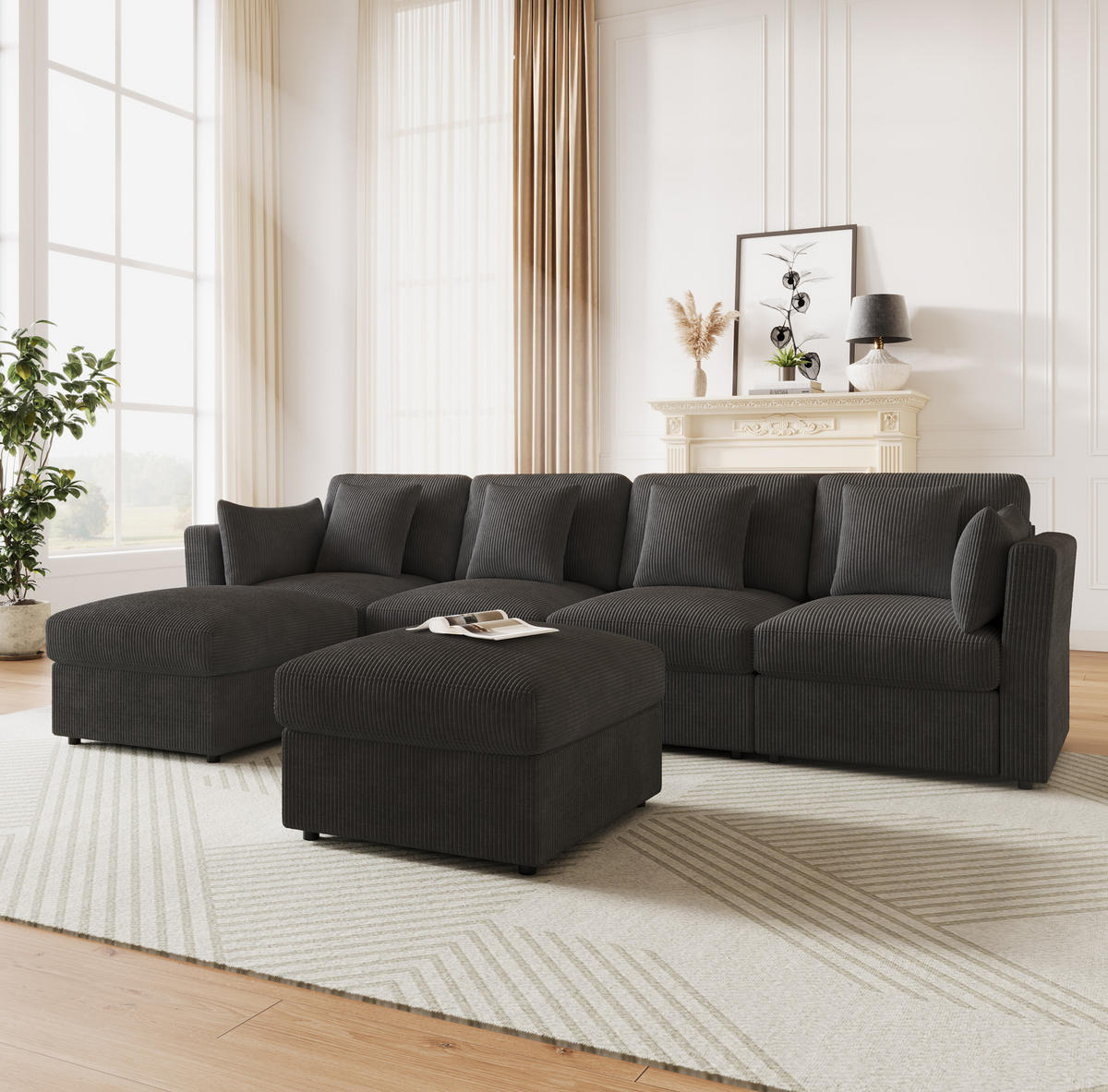 ECKSOFA 290/159,5/89 cm mit verstellbaren Armlehnen, modular und mit Hockern, Cord, Grau - Grau, Textil (290/159.5cm) - Redom