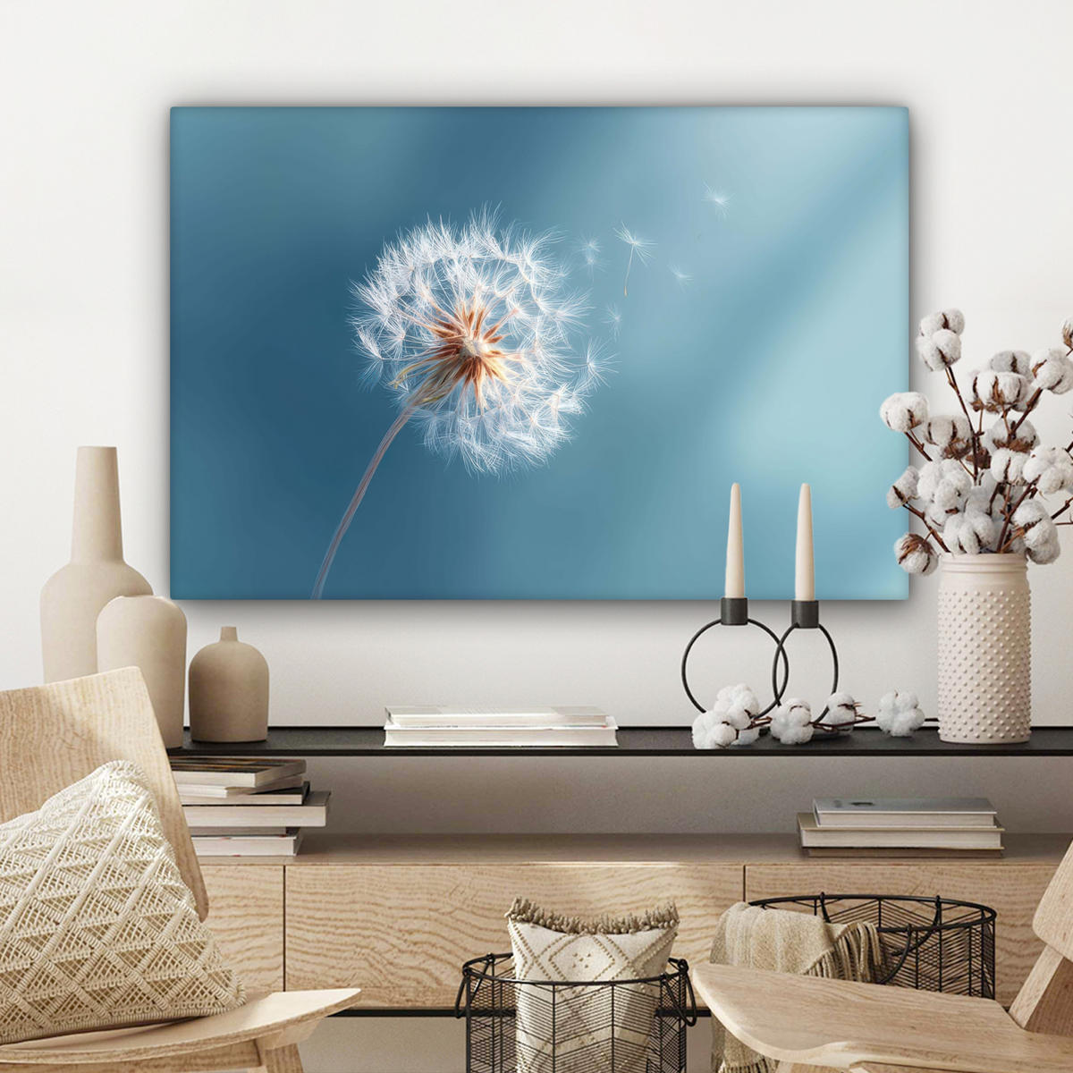 LEINWANDBILD Löwenzahn - Wind - Blau Gemälde 60x40 cm - Blaugrau, Textil (60/40cm) - MuchoWow