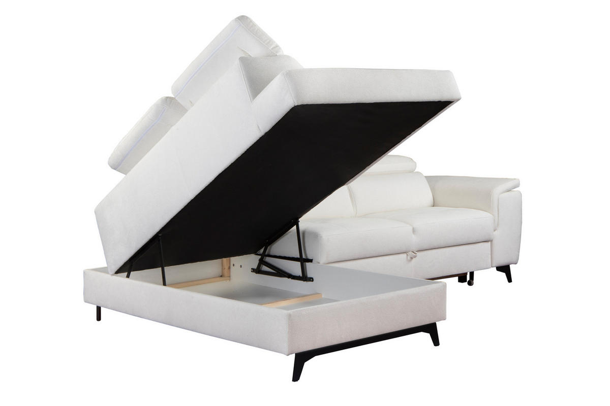 ECKSOFA VOLA Weiß Velours-Stoff mit Schlaffunktion - Weiß, Holz (270/199cm) - MASSENO