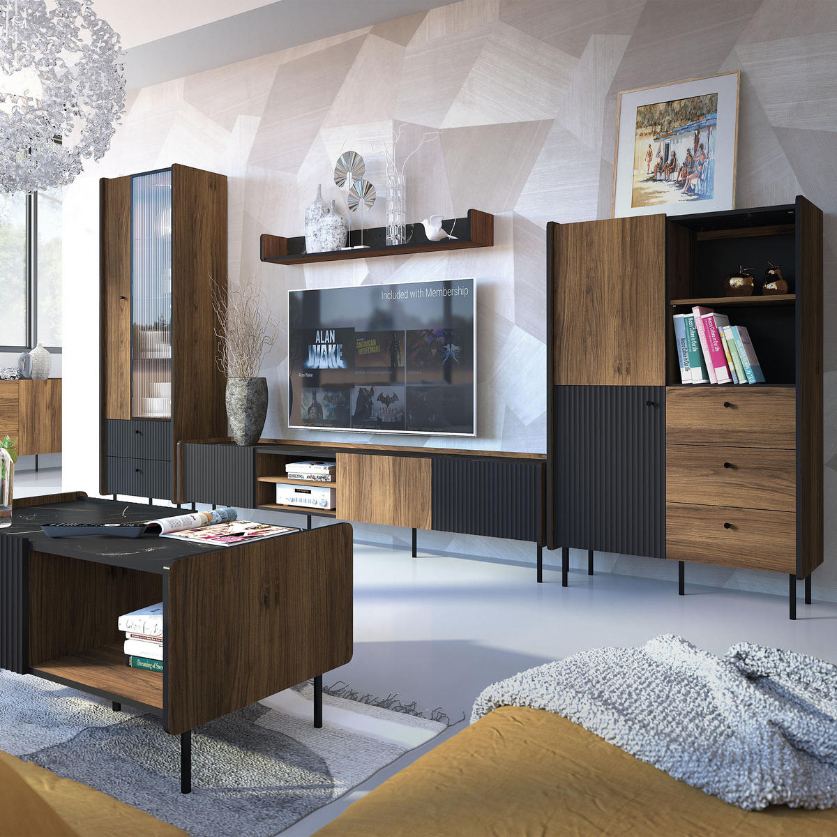 DREHTÜRENSCHRANK Piano mit 2 Türen und 2 Schubladen, Mattschwarz + Warmia-Nussbaum - Dunkelbraun/Schwarz, Holzwerkstoff (88/191/55cm) - Beautysofa