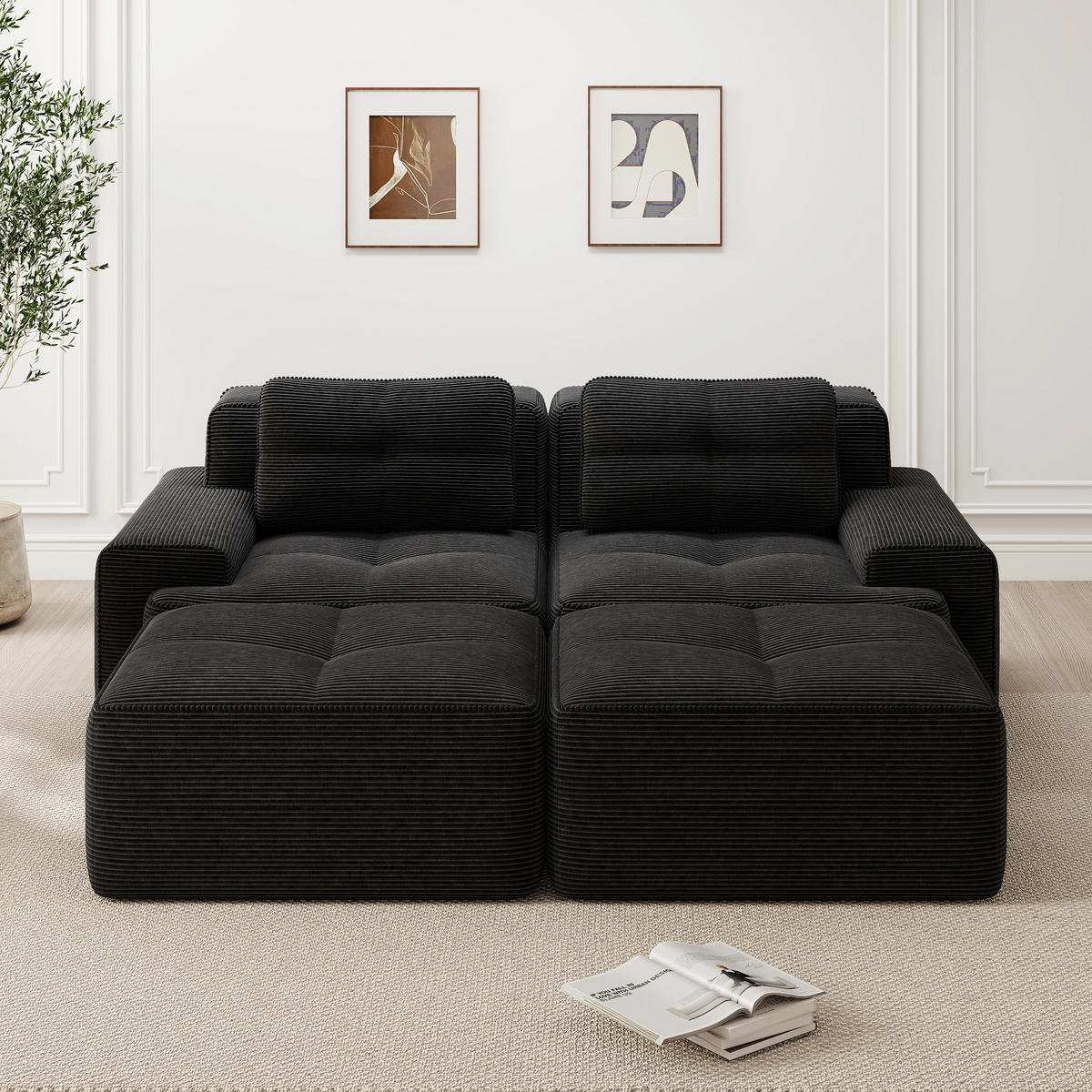 2-SITZER SOFA Cord Schwarz mit Ottoman - Schwarz, Textil (204/69/177cm) - WISHDOR