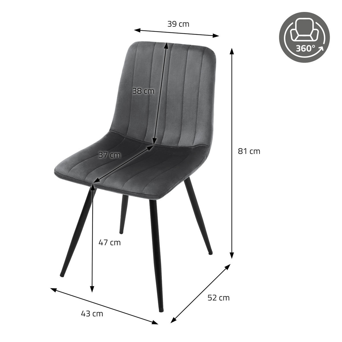 ESSZIMMERSTÜHLE 2er Set drehbar Küchenstühle gepolstert aus Samt Anthrazit - Anthrazit/Schwarz, Textil/Metall (43/81/52cm) - ML-DESIGN