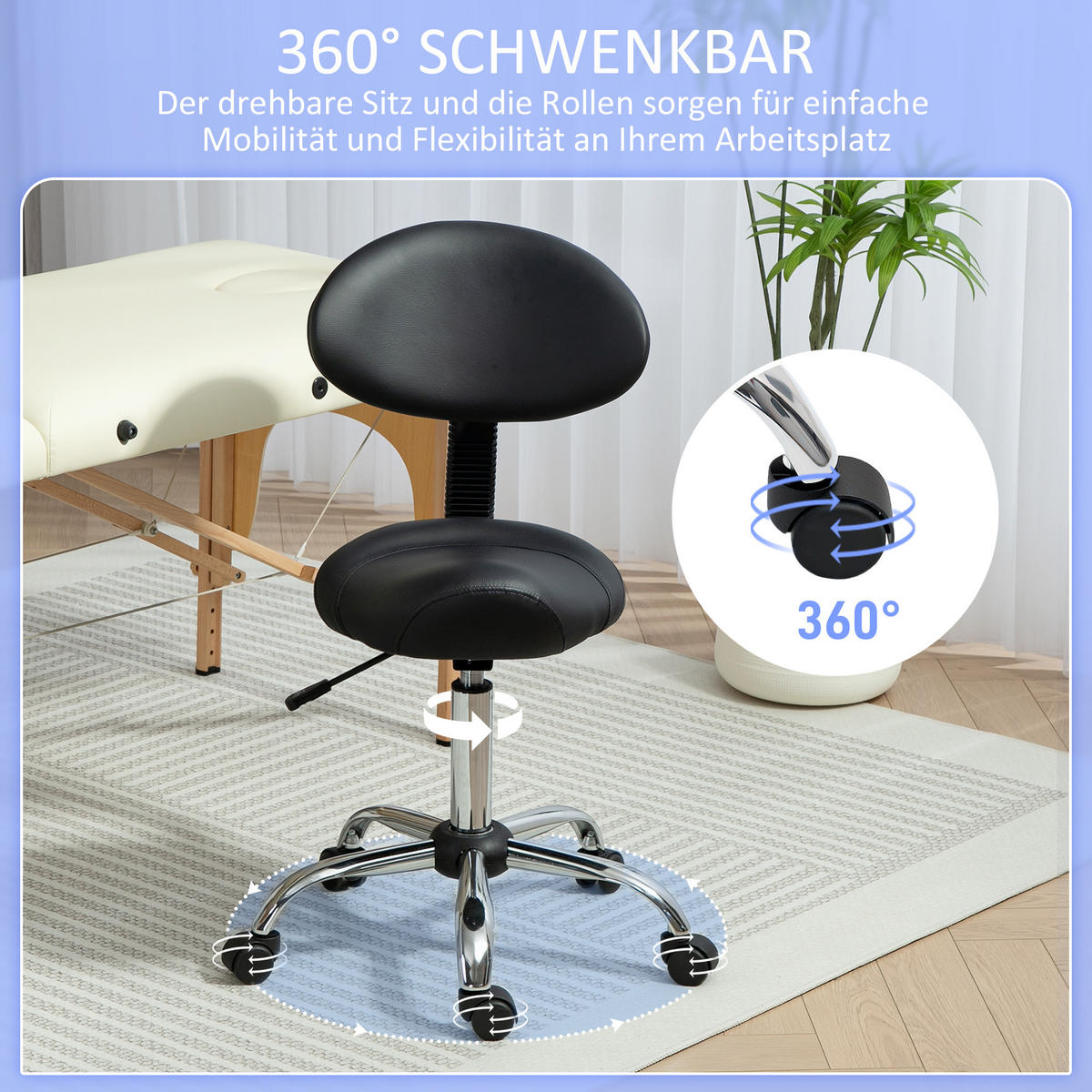 ROLLHOCKER Höhenverstellbar Schwarz 50.0/50.0/98.0 cm - Schwarz, Leder (50/98/50cm)