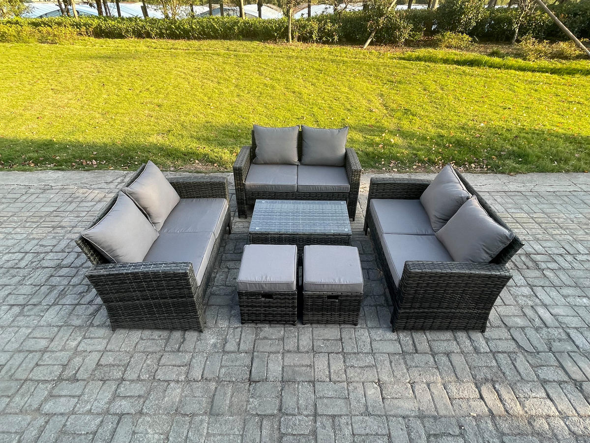 GARTENMÖBEL-SET mit Kissen Polyrattan Dunkelgrau 8-Sitzer - Dunkelgrau, Metall - Fimous