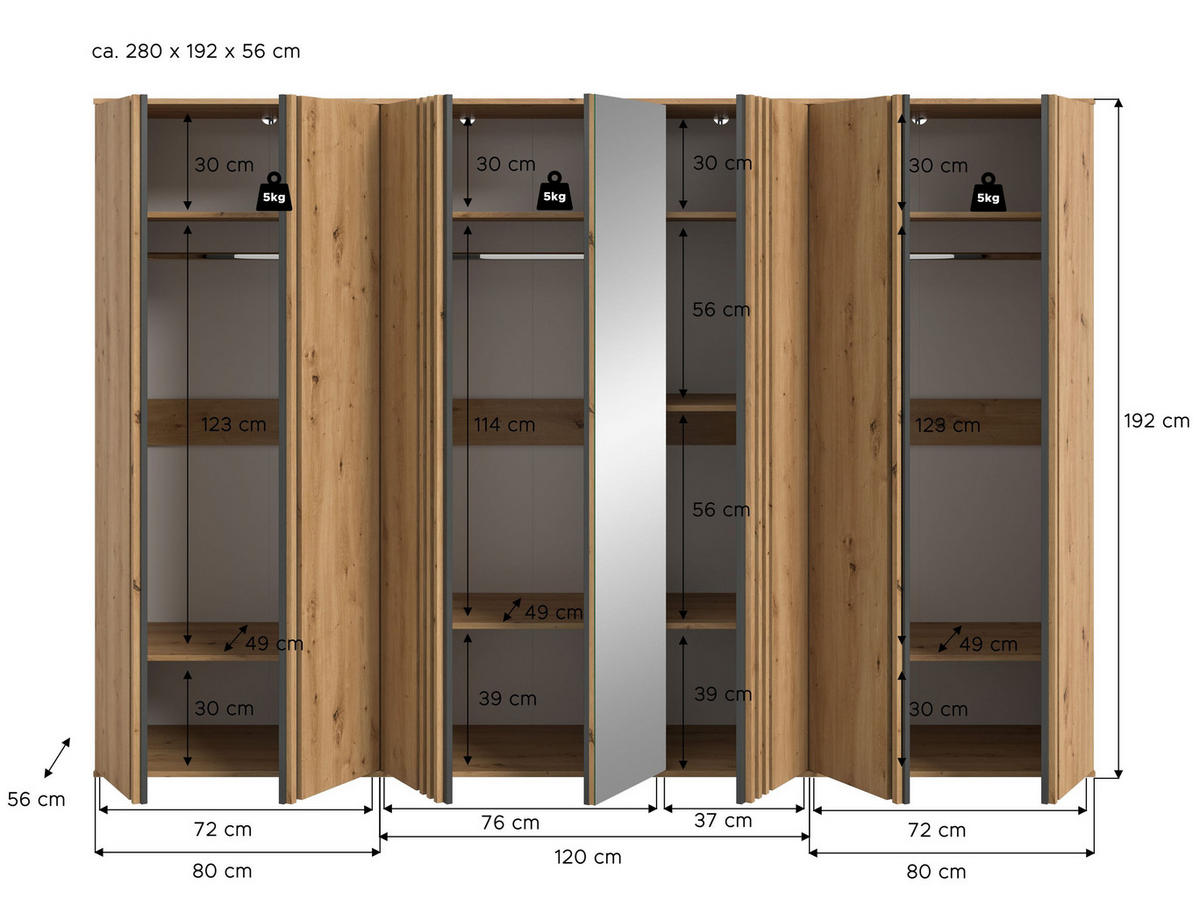 KLEIDERSCHRANKKOMBINATION Tindra (B/H/T: ca. 280/190/56 cm) in Artisan Eiche Nachbildung/Artisan Eiche Nachbildung - Eiche Artisan, Holzwerkstoff (280/190/56cm) - Homes & Jones