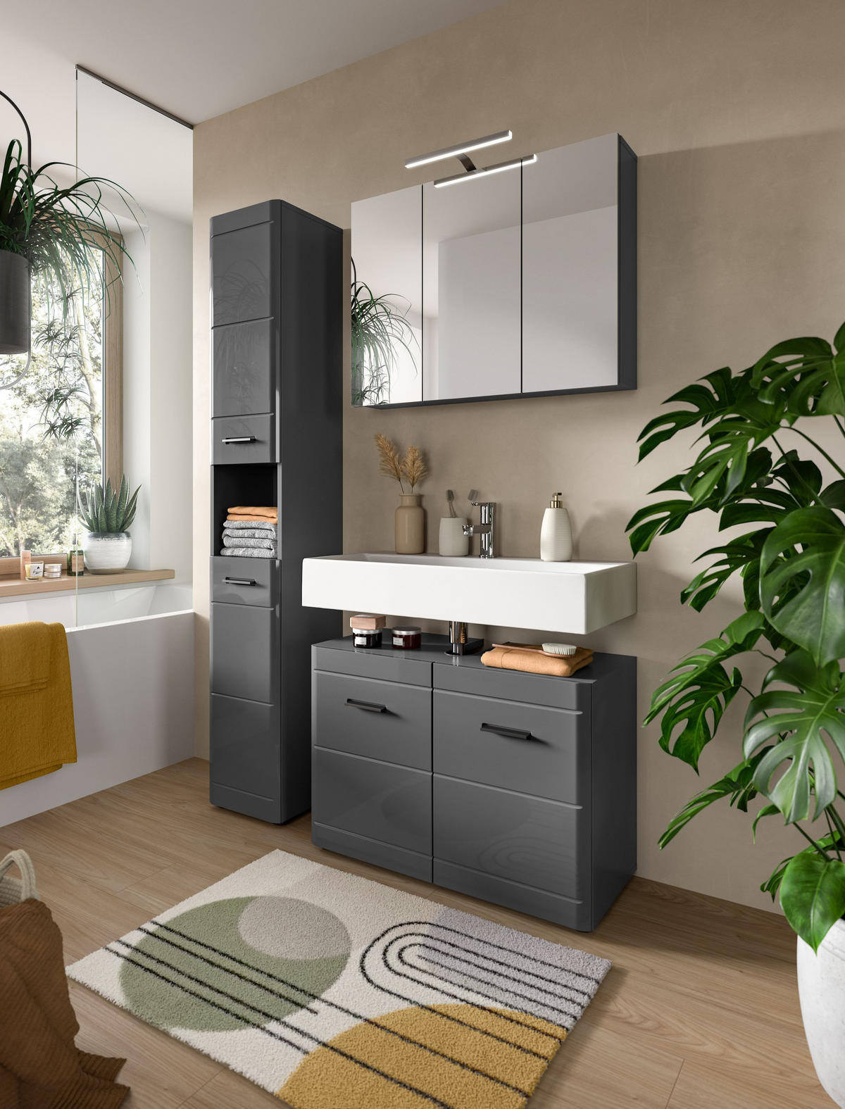 WASCHBECKENUNTERSCHRANK SOFT (B/H/T: ca. 80/56/34 cm) in grau/grau hochglanz - Grau, Holzwerkstoff (80/56/34cm)