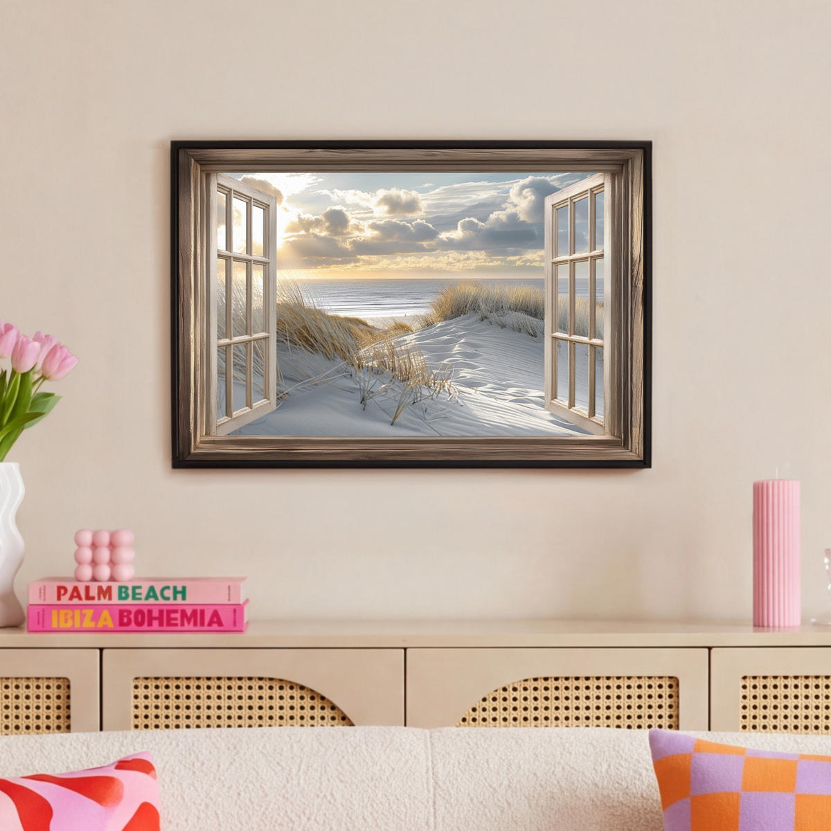 LEINWAND Bilder mit Rahmen - Ausblick - Strand - Dünen - Meer - Natur - 60x40 - Sandfarben, Textil (60/40cm) - MuchoWow