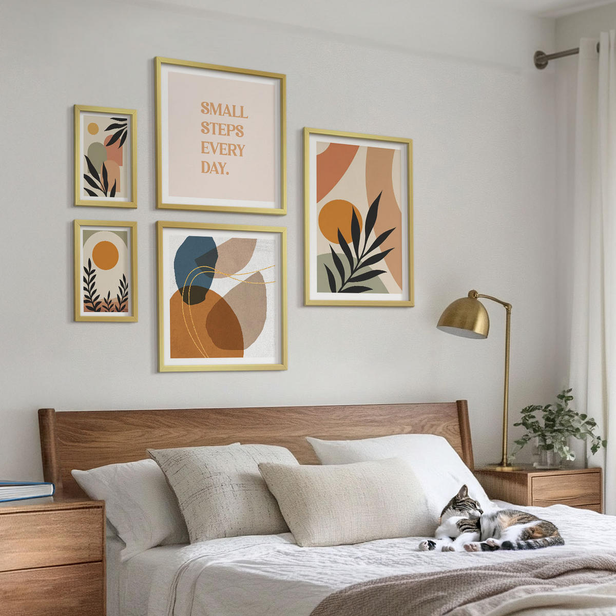 WANDBILDER 5er Set - 50x50 cm & 20x30 cm & 40x60 cm Goldrahmen - Moderne Pflanzenmotive - Goldfarben, Kunststoff (40/60cm) - ArtPrintCave