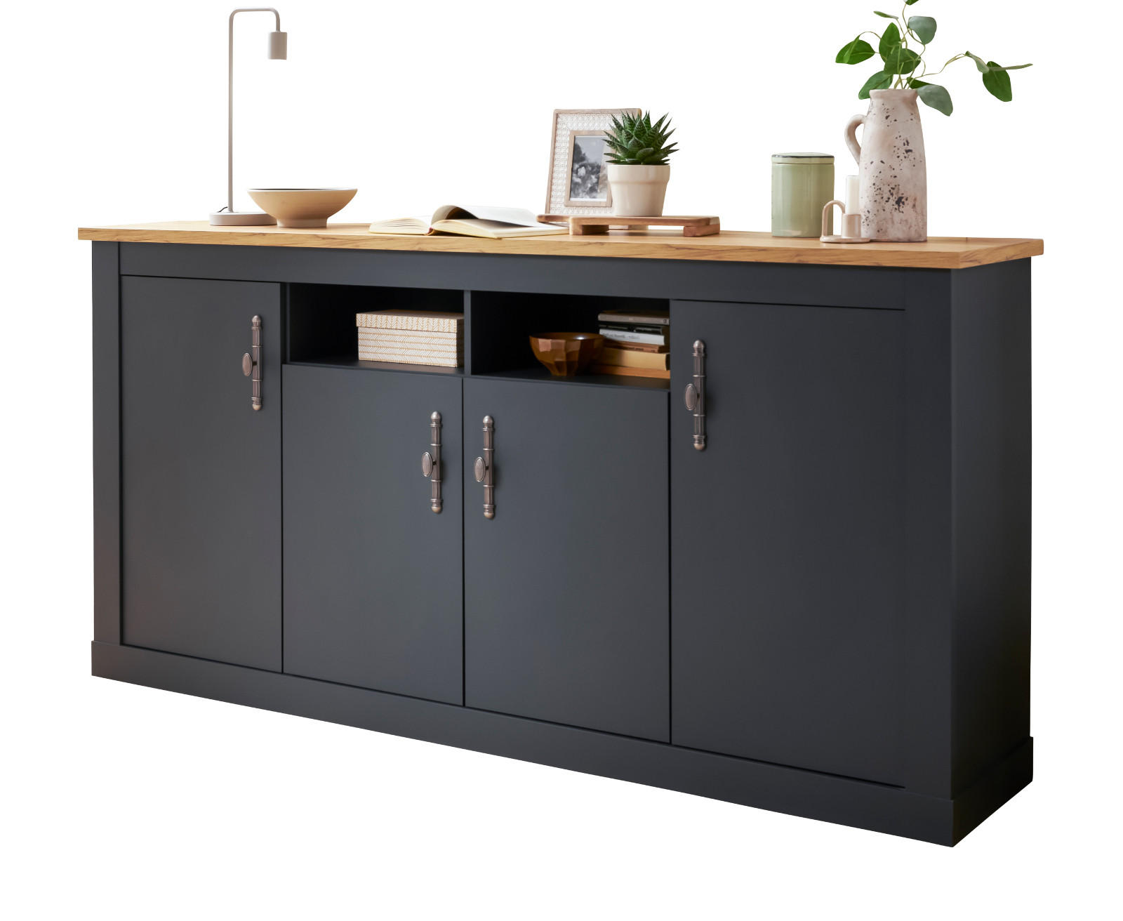 SIDEBOARD grau, Eiche Wotan, Landhaus 200 cm, Kommode mit Soft-Close - Silberfarben/Eiche Wotan, Holzwerkstoff/Kunststoff (200/104/45cm) - Furn.Design