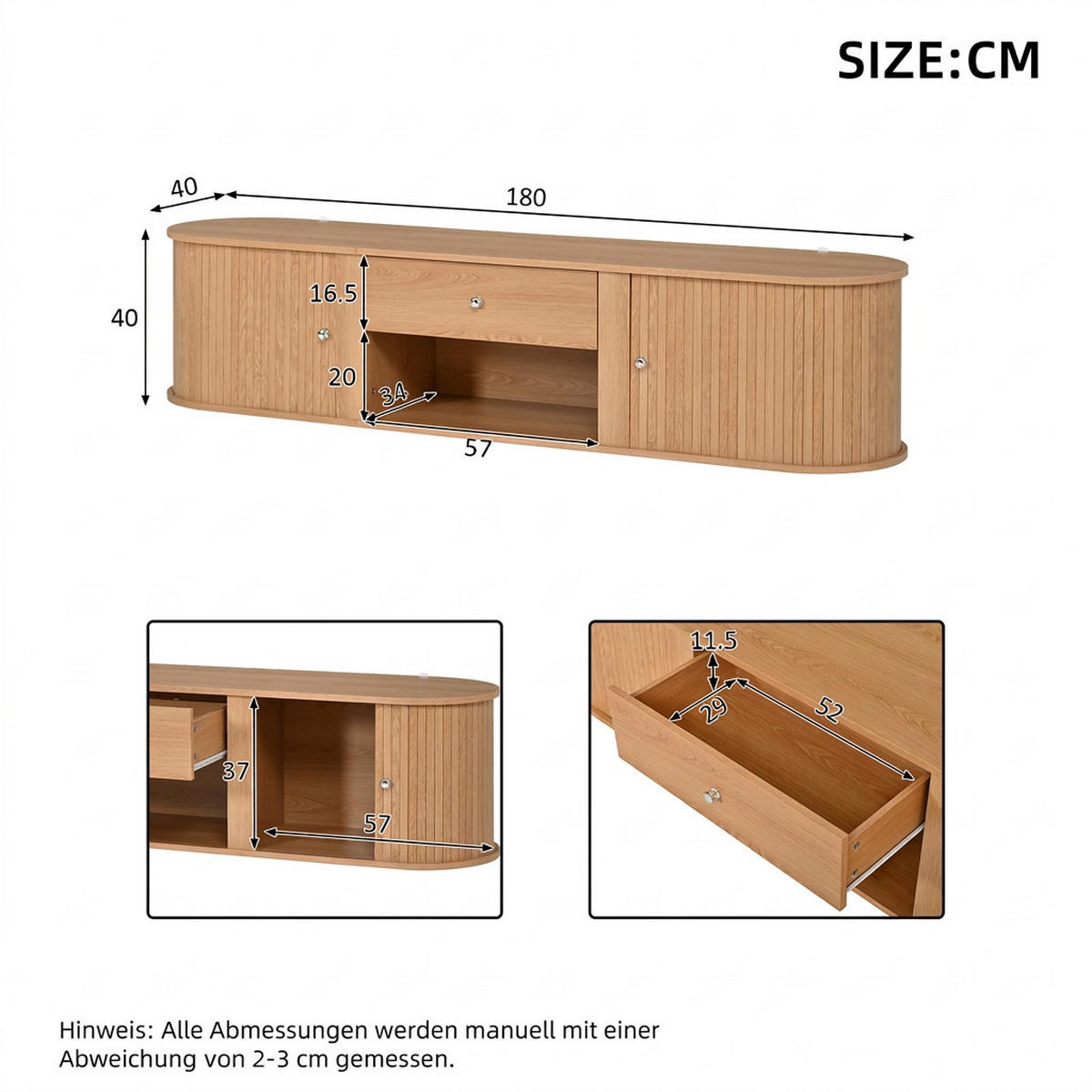 TV-SCHRANK 180/40/40 cm Holzoptik mit 1 Schublade und 2 Rolltüren - Naturfarben, Holzwerkstoff (180/40/40cm) - Oxeza