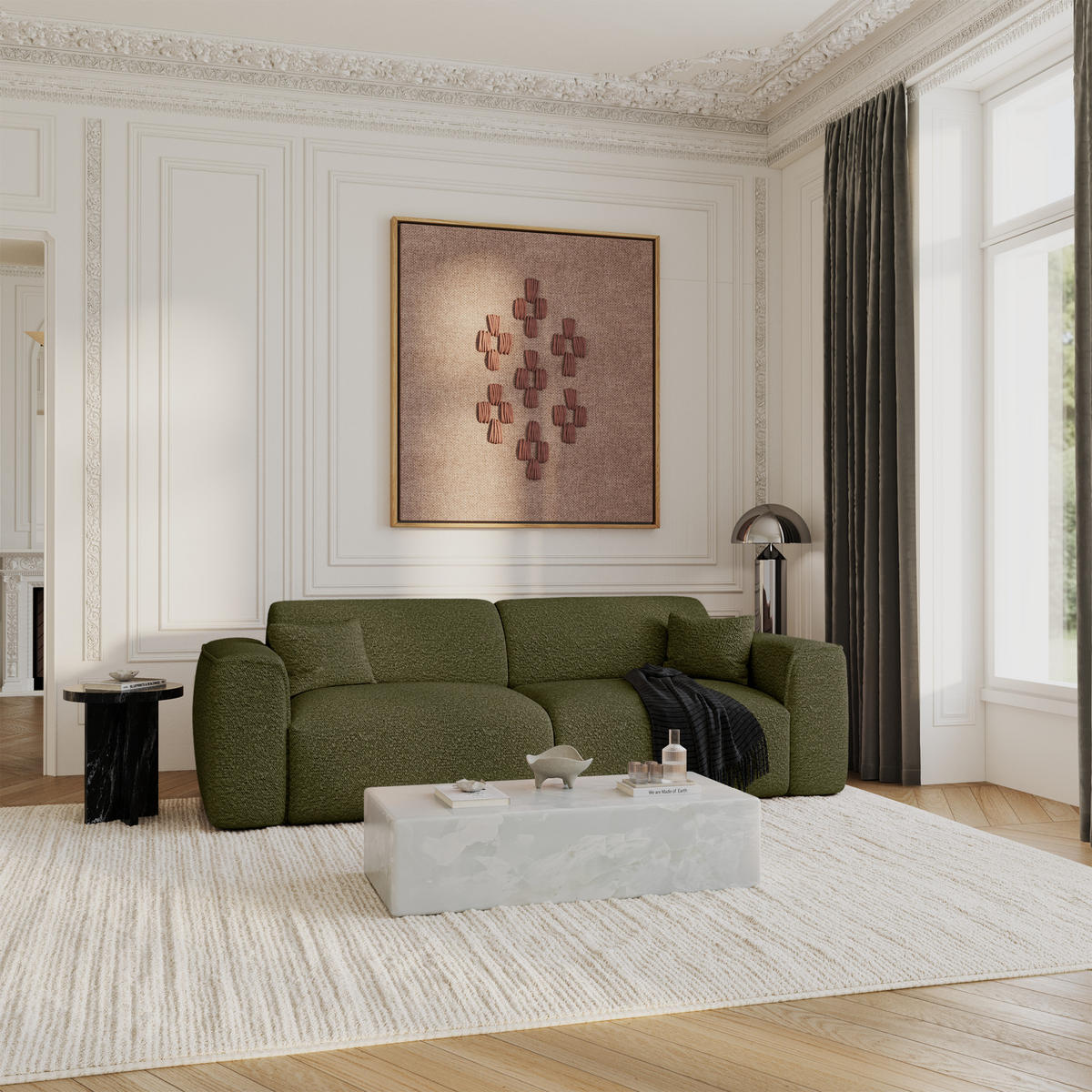 SCHLAFSOFA GERADE Bouclé-Stoff Olivgrün 240cm - Olivgrün, Textil (240/73/97cm) - Sia Home
