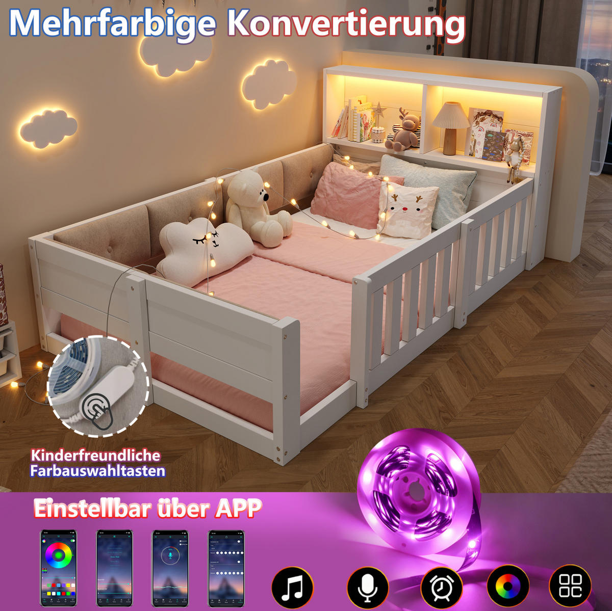 KINDERBETT Holzwerkstoff 90x200 cm Weiß/Natur mit Gitter, LED und Stauraum - Weiß, Holzwerkstoff (90/200cm) - Modfu