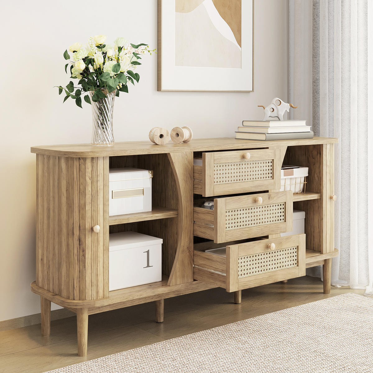 SIDEBOARD Rattan Schiebetüren verstellbare Böden modern - Naturfarben, Holzwerkstoff (40/76/140.5cm) - FLIEKS