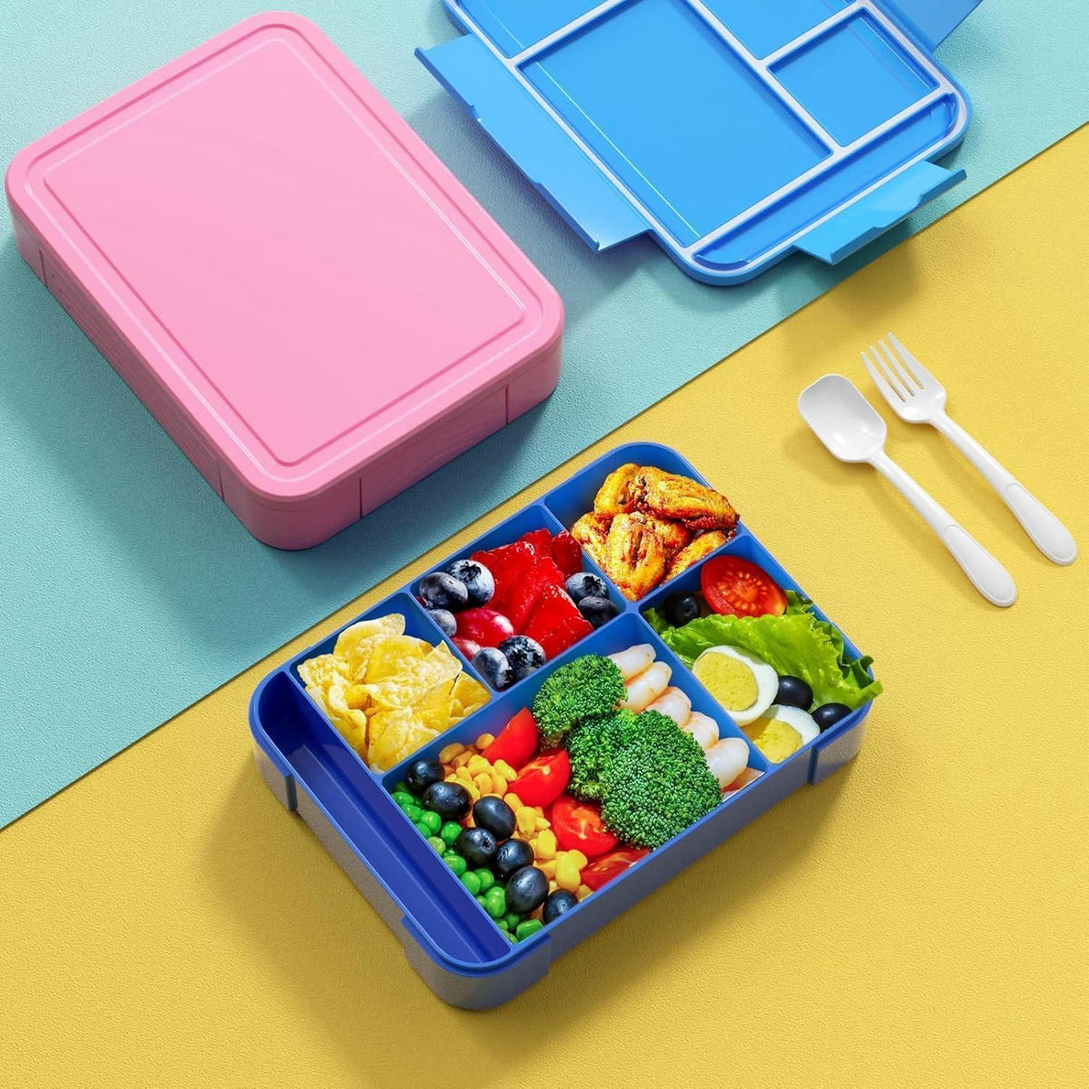 BROTDOSE Kinder mit 6 Fächern und Besteck 1330 ml Blau - Blau, Kunststoff (17/4.8/23cm)