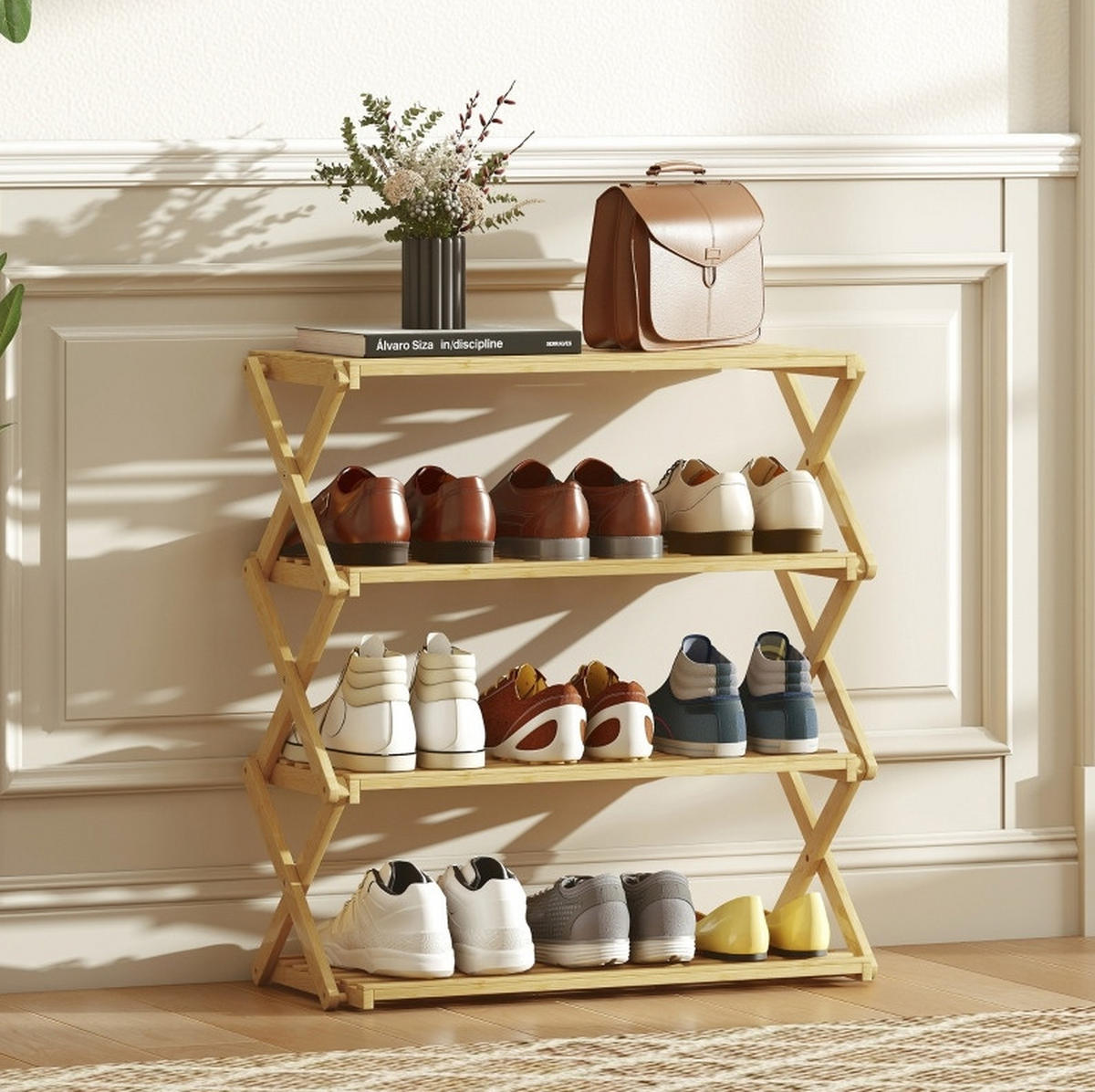 SCHUHREGAL 60/29/67 cm aus Bambus, faltbar mit 4 Ebenen - Naturfarben, Naturmaterialien (60/67/29cm) - Flora Grace