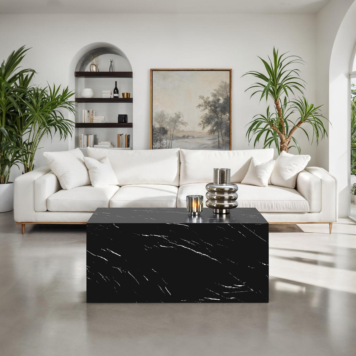 COUCHTISCH Lasley,inkl. Bodenschoner, Belastbarkeit 45 kg,Marmor Optik schwarz - Schwarz, Holz (50/90/40cm) - tectake