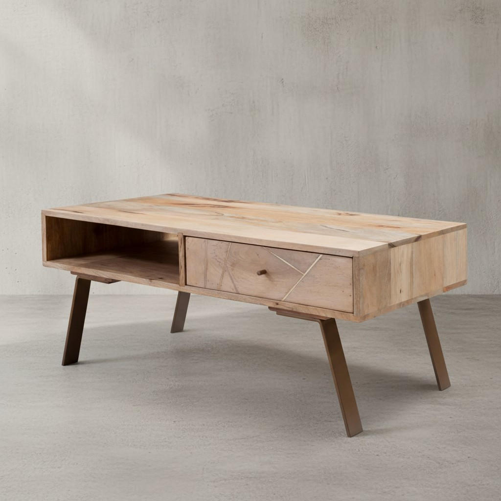 COUCHTISCH in Rustikalem Landhausstil, Massives Mangoholz und Metall, Maße 95x42x50 cm - Beige/Braun, Holz/Metall (50/95/42cm) - KADIMA DESIGN