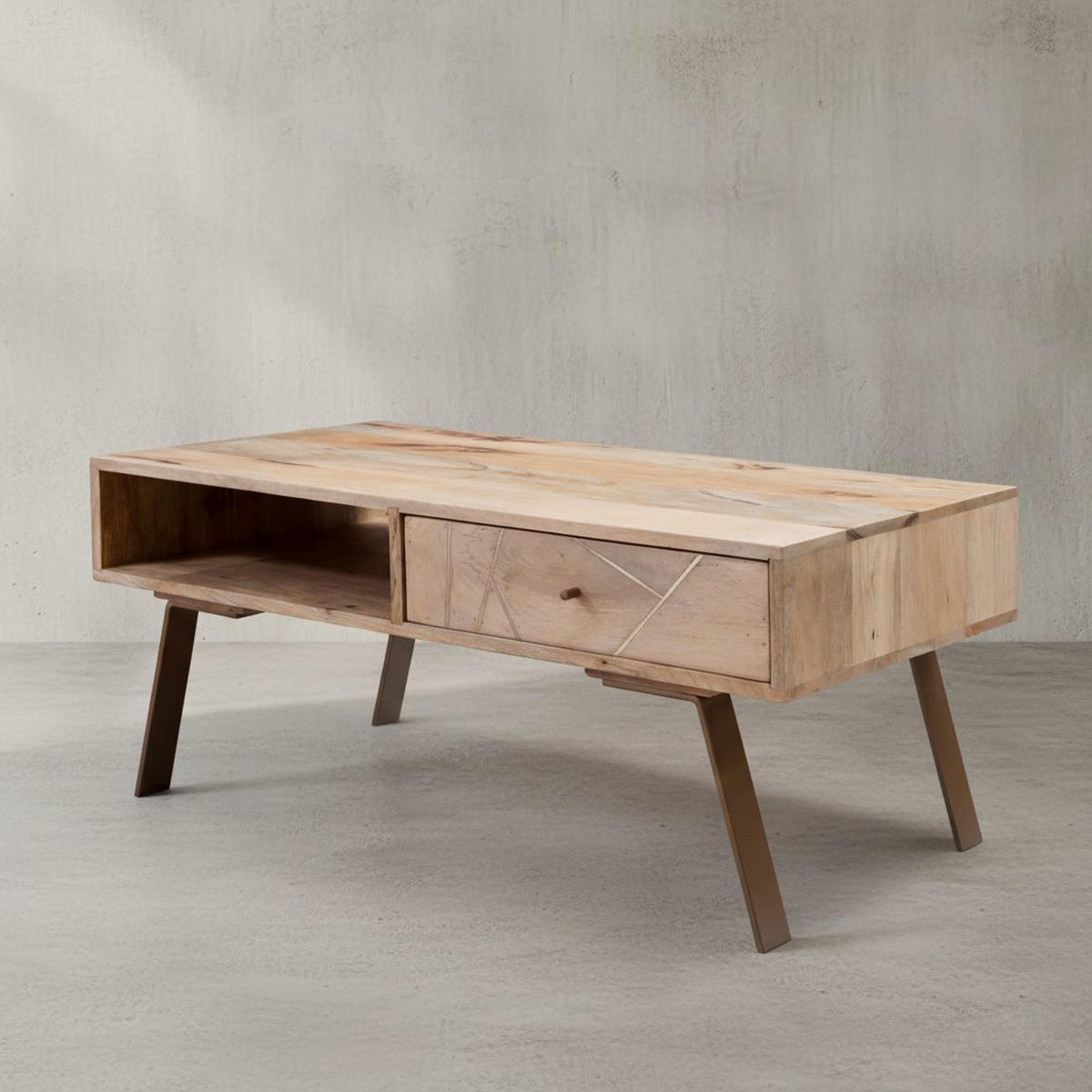 COUCHTISCH in Rustikalem Landhausstil, Massives Mangoholz und Metall, Maße 95x42x50 cm - Beige/Braun, Holz/Metall (50/95/42cm) - KADIMA DESIGN
