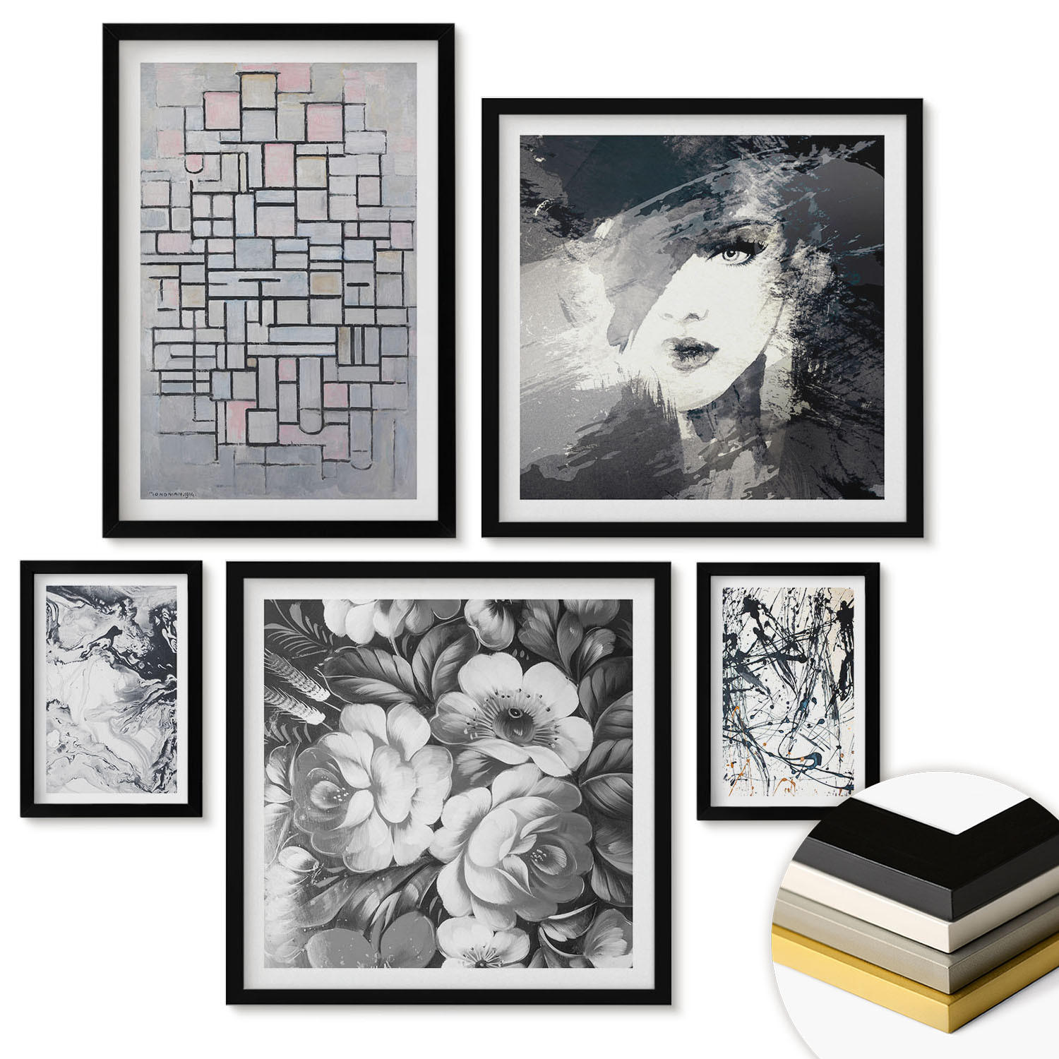 WANDBILDER 5er-Set - 50x50 cm & 20x30 cm & 40x60 cm Schwarzer Rahmen - Abstrakte schwarz-weiße Muster - Schwarz, Kunststoff (40/60cm) - ArtPrintCave