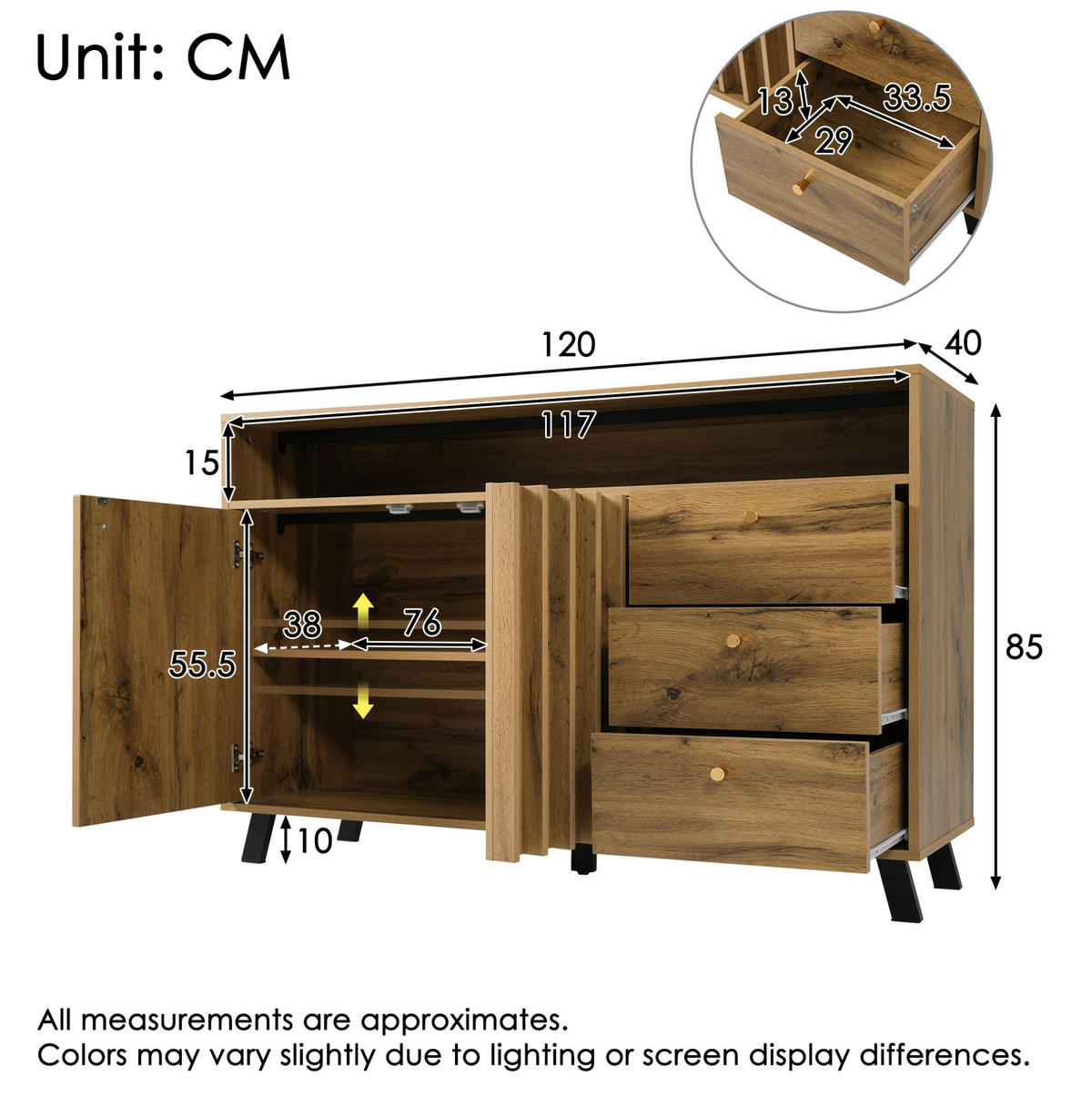 SIDEBOARD 120/40/85 cm mit 3 Schubladen, 2 Türen, offenem Fach und Lamellenfront aus Holz, Dunkle Eiche - Braun, Holz (120/85/40cm) - Redom