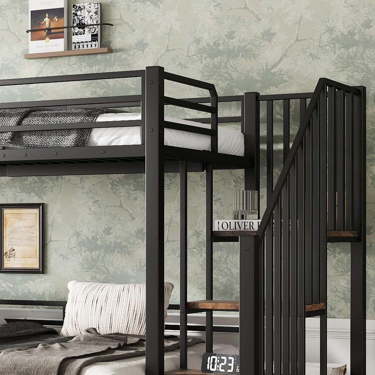 ETAGENBETT 90/200 cm & 120/200 cm in Schwarz & Vintage-Holzfarbe mit Eckleiter und Stauraum - Schwarz, Metall (90/200cm) - CHICFURN