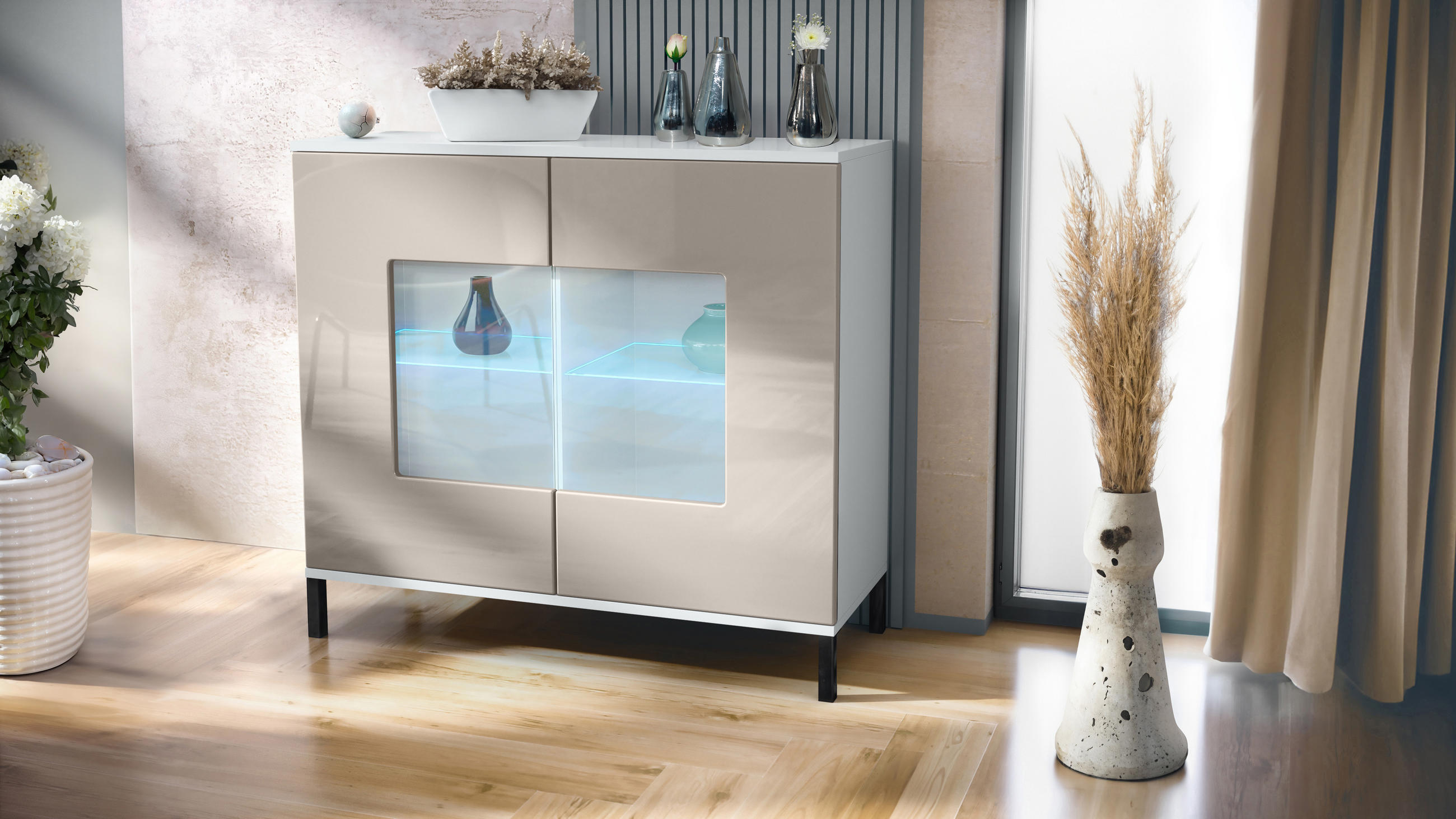KOMMODE Grömitz Sandgrau Hochglanz - Sandfarben, Holzwerkstoff (92.5/83.5/35cm) - Vladon