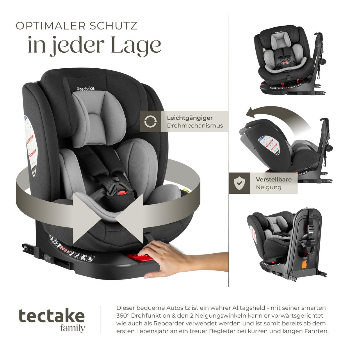 AUTOSITZ Drehbar Linus,ab Geburt bis 150 cm, Belastbarkeit 36 kg,hellgrau/schwarz - Hellgrau/Schwarz, Kunststoff (48/74/55cm) - tectake