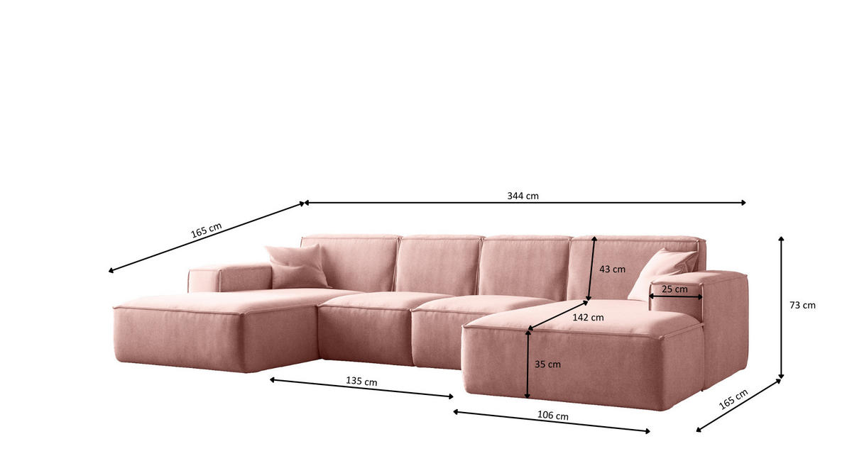ECKSOFA U-Form Siena, U-förmiges Ecksofa, Stoff Salvador Rosa - Rosa, Holz/Textil (344/165cm) - Kaiser Möbel