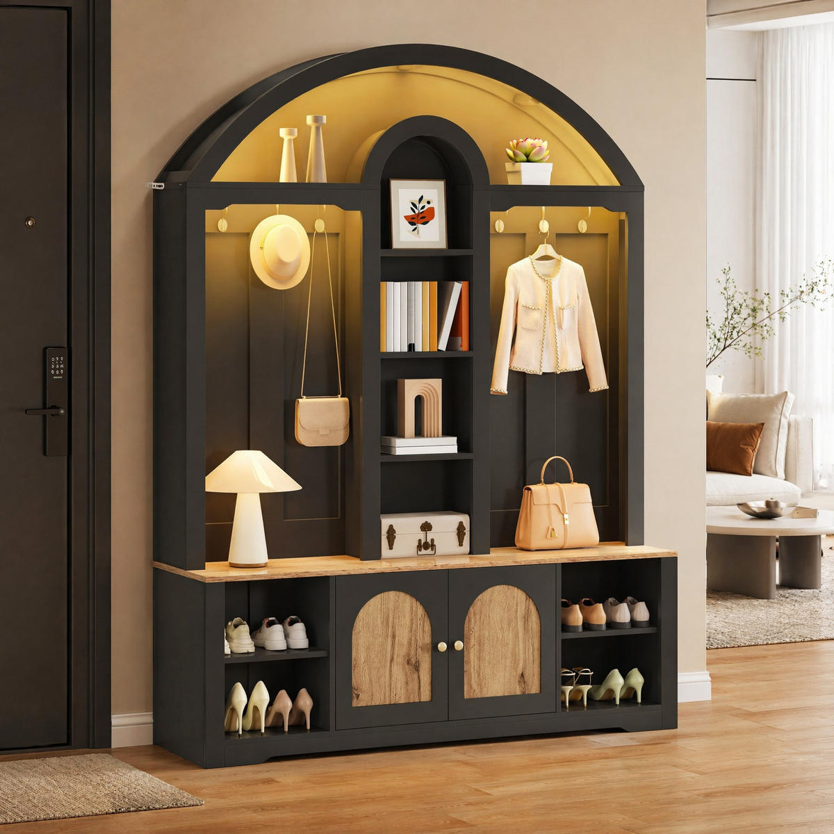 GARDEROBE-SET in Schwarz Kleiderschrank mit Schuhregal, Ablagen und Haken für Flur und Eingangsbereich, B150/T40/H195 cm - Schwarz, Holzwerkstoff/Metall (150/195/40cm) - STILVORA