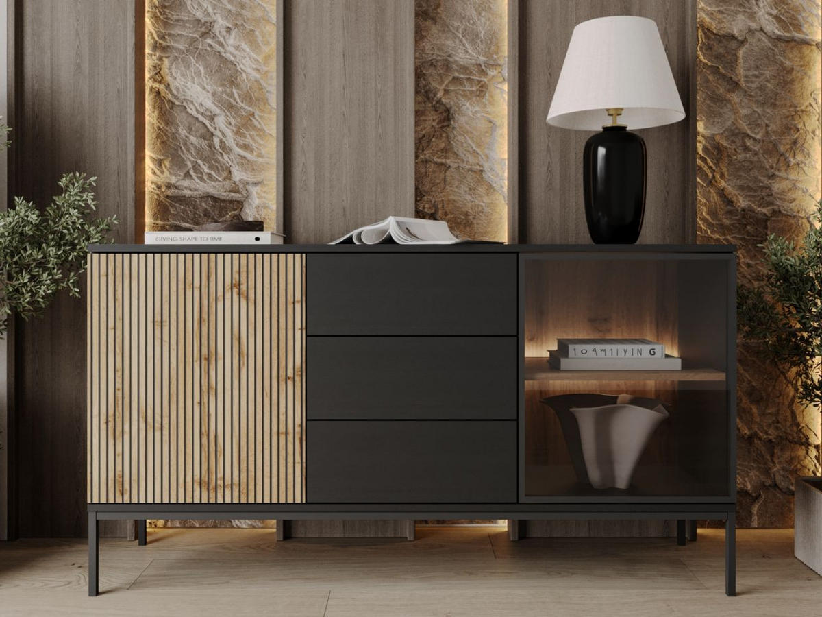 KOMMODE Graphit, Wotan Eichefarben 154/83/39 cm Deo - Eiche Wotan/Schwarz, Glas/Holz (154/83/39cm) - Graingold
