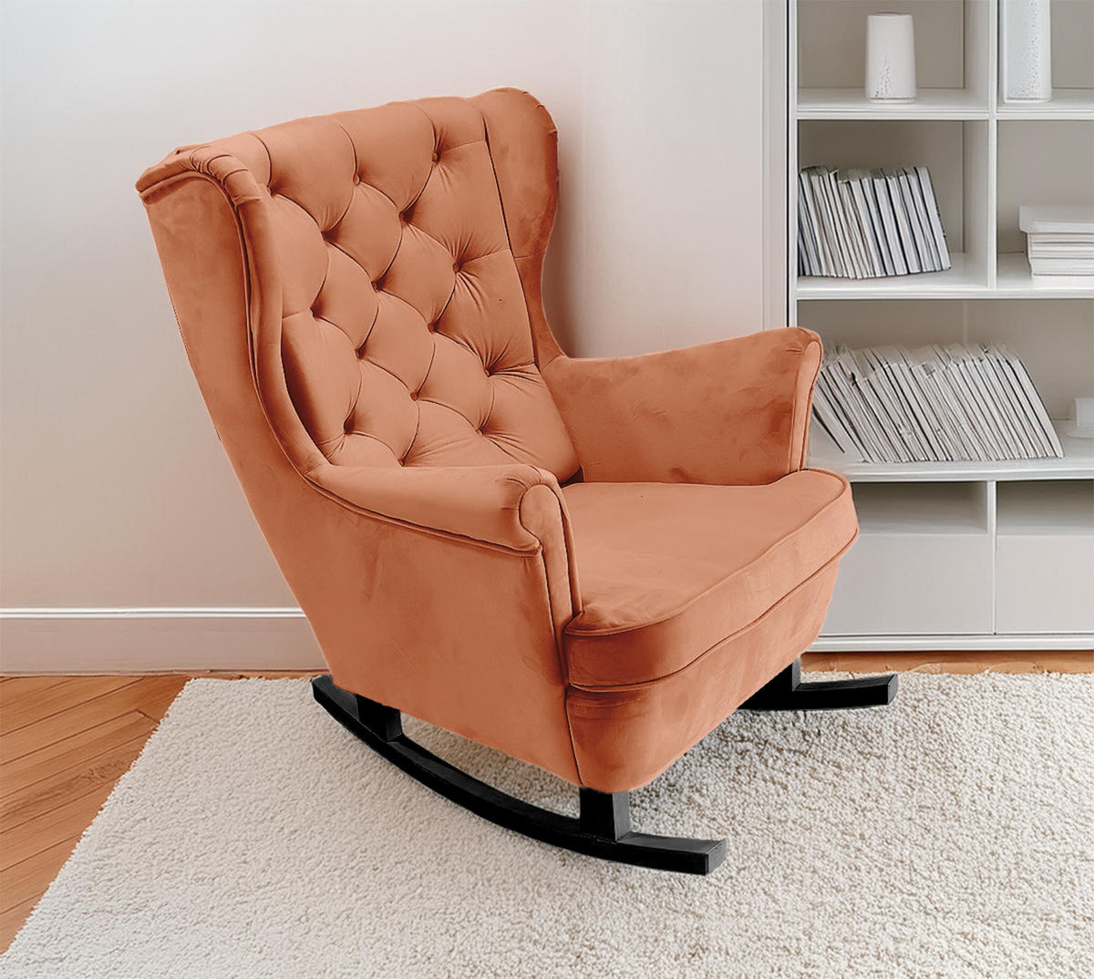 SCHAUKELSESSEL mit gepolstertem Sitz und Armlehnen, 102x81x95 cm, Orange_29823 - Schwarz/Kupferfarben, Holz/Textil (81/102/95cm) - DomoHome