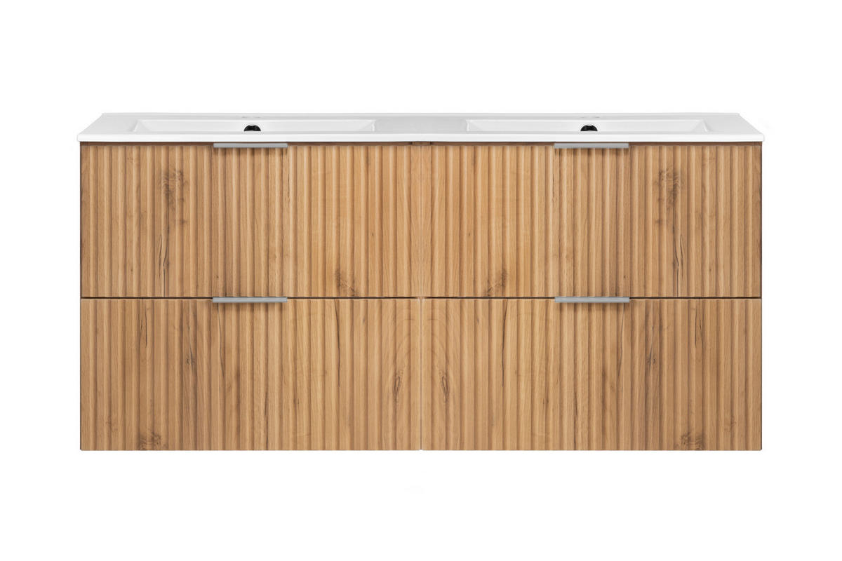 WASCHBECKUNTERSCHRANK, Eiche Craft, 120 (2 x 60) x 57 x 46 cm, silberner Griff, ohne Arbeitsplatte - Eichefarben/Silberfarben, Holzwerkstoff (120/57/46cm) - 3XE LIVING