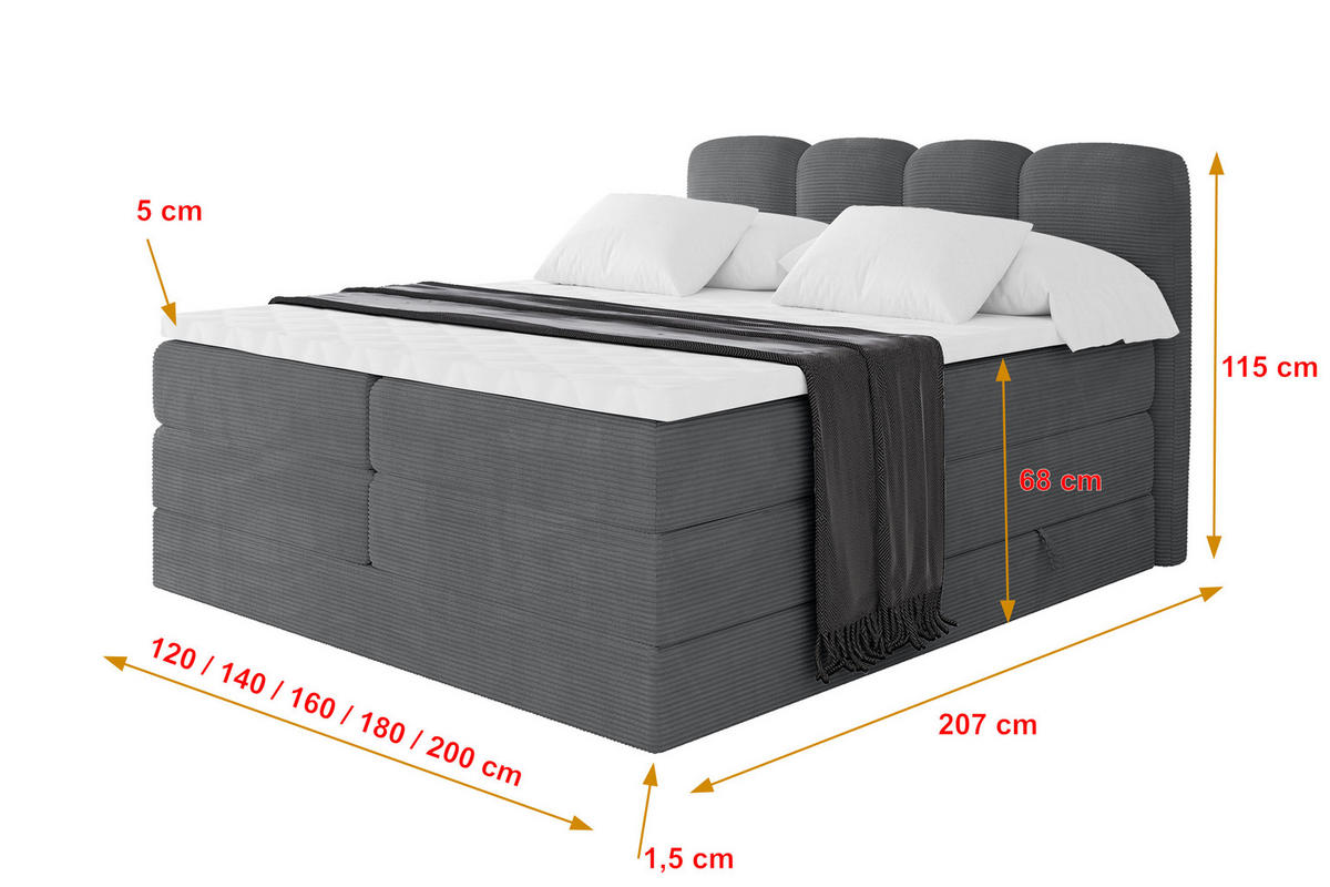 BOXBETT mit Matratze H3|H4 - NINA KING - 160x200 cm - Dunkelgrau - Taupe, Holzwerkstoff (160/200cm) - ALTDECOR