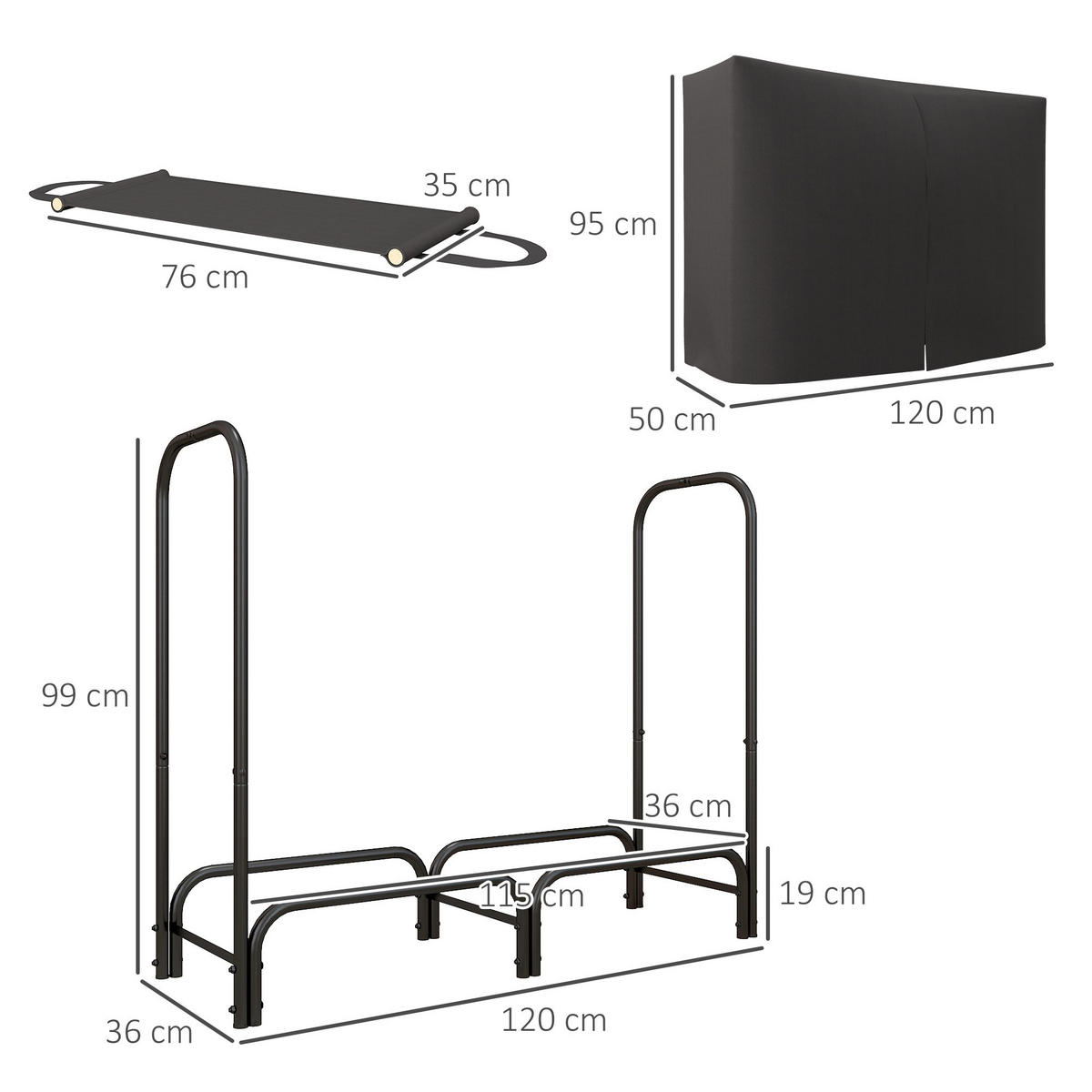KAMINHOLZREGAL bis 150 kg - Schwarz, Metall (36/99/120cm) - Outsunny
