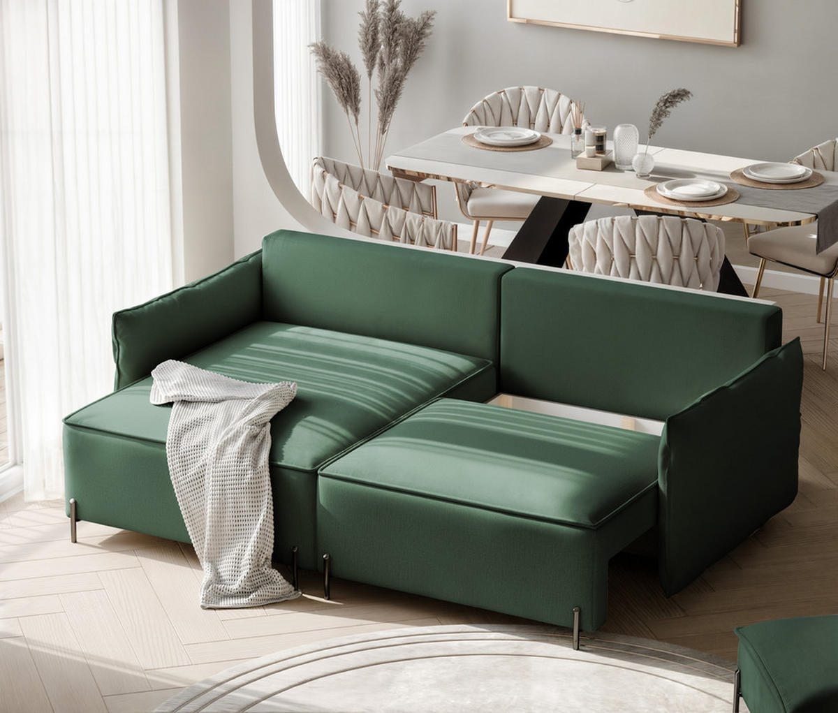 ECKSOFA MARCO Links, mit Schlaffunktion und Bettkasten, Grün - Grün, Textil/Metall (221/148cm) - Idohome
