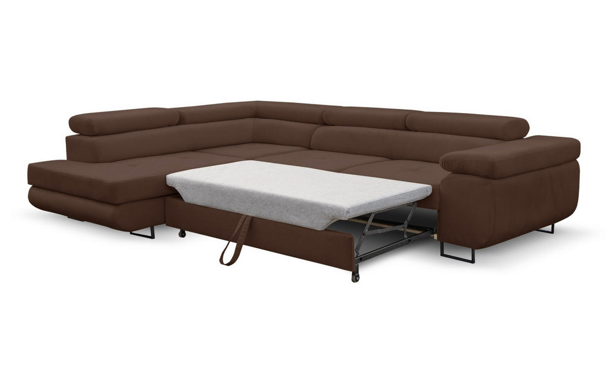 ECKSOFA Jerry in L-Form mit Schlaffunktion und Bettkasten, Farbe: Braun, Veloursstoff, Ottomane Links - Braun, Textil (202/275cm) - VENASI MÖBEL