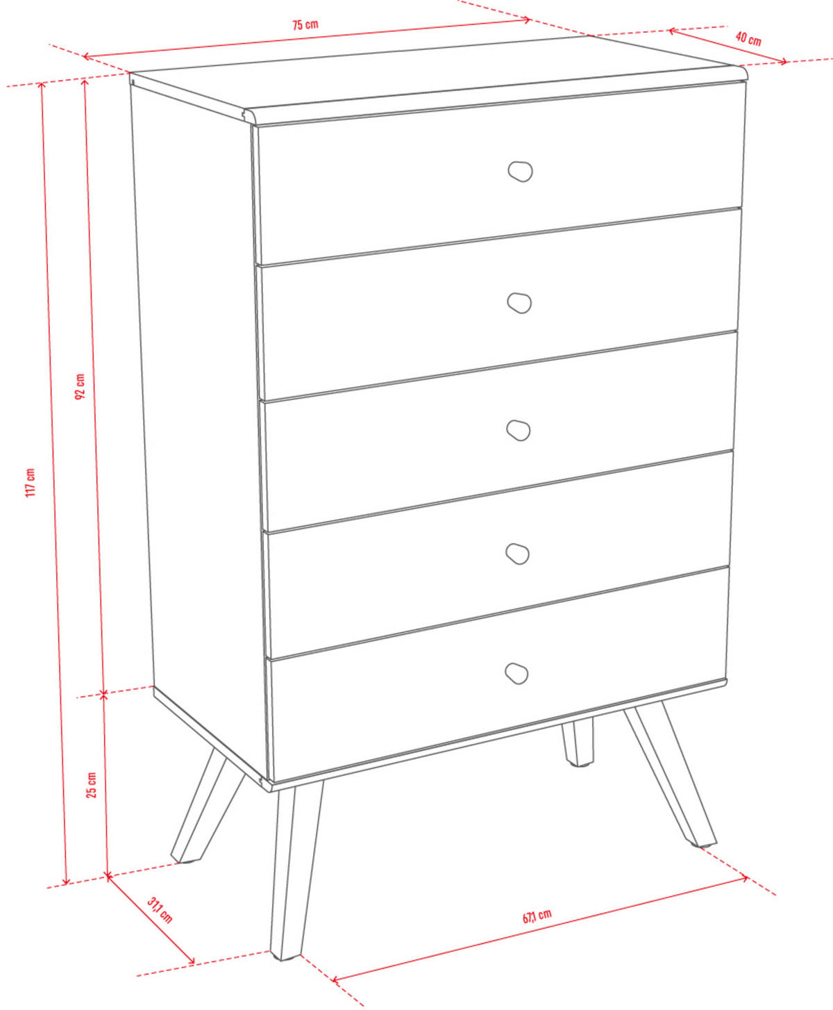 KOMMODE SCHMAL NATURE - Weiß, Holzwerkstoff (75/117/40cm) - Vox Möbel