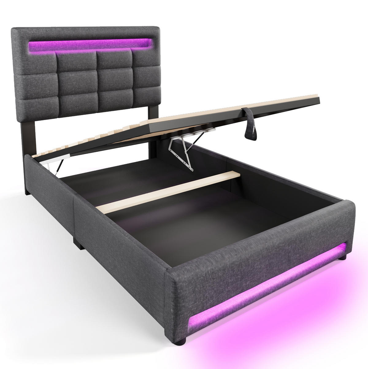 POLSTERBETT 90/200 cm mit LED-Beleuchtung, App-Steuerung, USB-Anschluss und hydraulischem Stauraum, Grau - Grau, Textil (90/200cm) - Redom