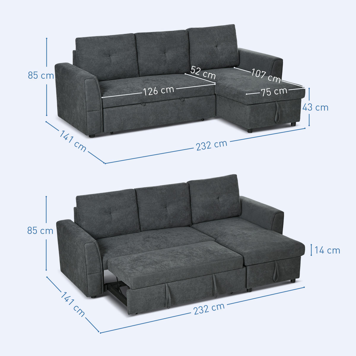 SCHLAFSOFA Ecksofa mit Bettfunktion, 3 Sitzer Couch mit Stauraum, Dunkelgrau - Dunkelgrau/Schwarz, Kunststoff/Textil (141/232cm) - HOMCOM