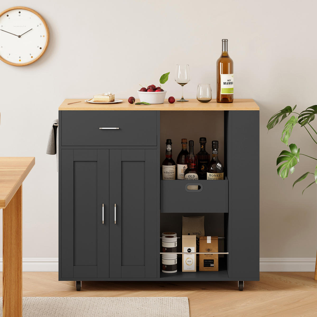 KÜCHENWAGEN rollbar 3 Ebenen Gewürzregal offen schwarz - Schwarz, Holz (46/92/102cm) - LEBENLANG