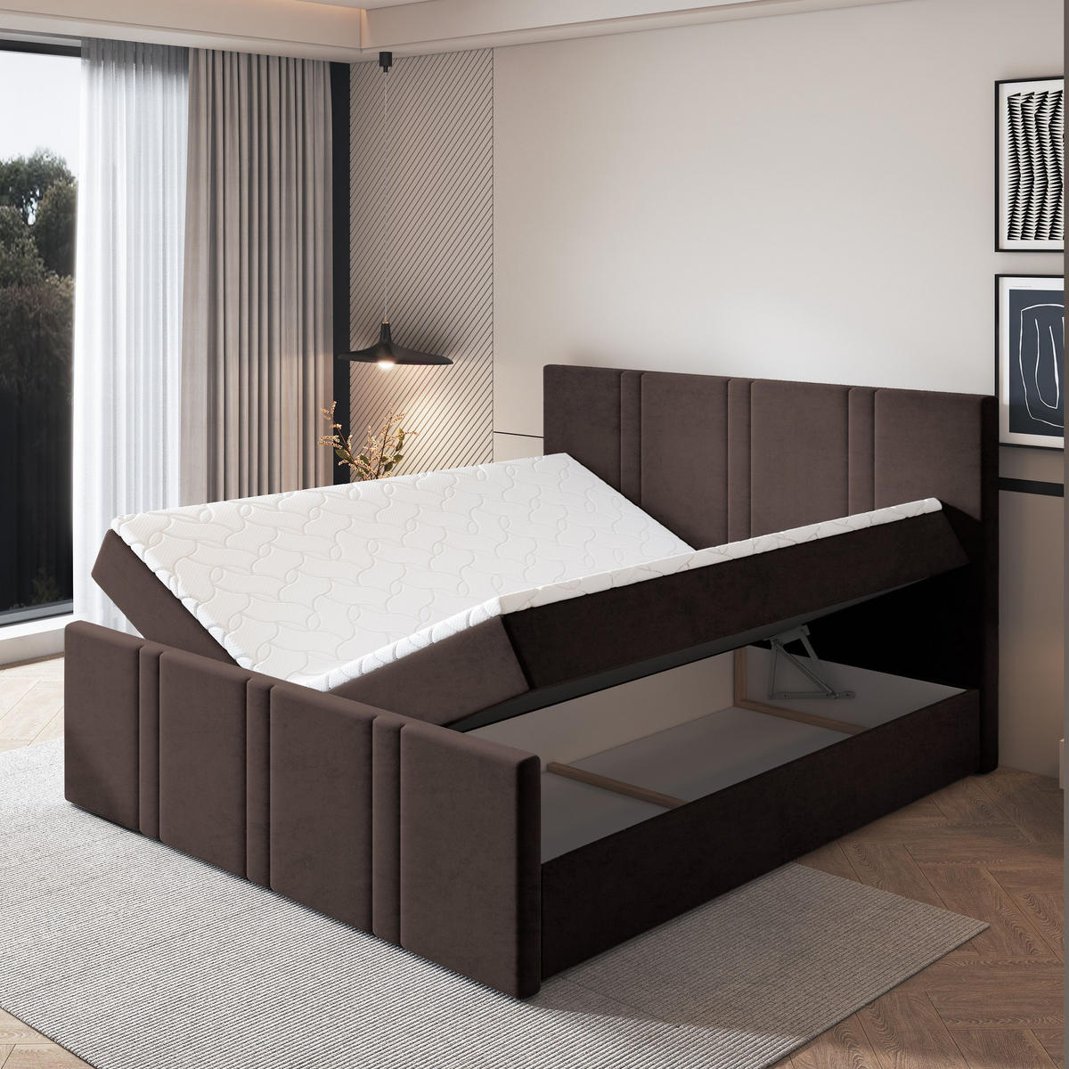 BOXBETT COMOZA 200x200 cm mit Matratze und Topper, H2+H3 - Braun - Braun, Holz (200/200cm) - MASSENO