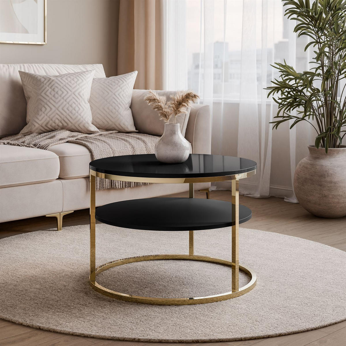 COUCHTISCH CIRI in Hochglanz mit Ablage und Gestell in Goldchrom Schwarz Hochglanz - Goldfarben/Schwarz, Holzwerkstoff (70/70/49cm) - Lookway