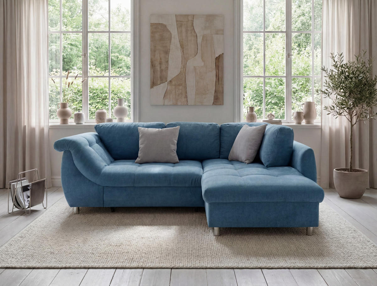 ECKSOFA mit Schlaffunktion, Wellenunterfederung, Ottomane rechts B250/T190/H84 cm, Liegefl. 179x190 cm, Mikrofaser Blau / 17107 - Blau/Chromfarben, Textil/Metall (250/190cm) - luma-home