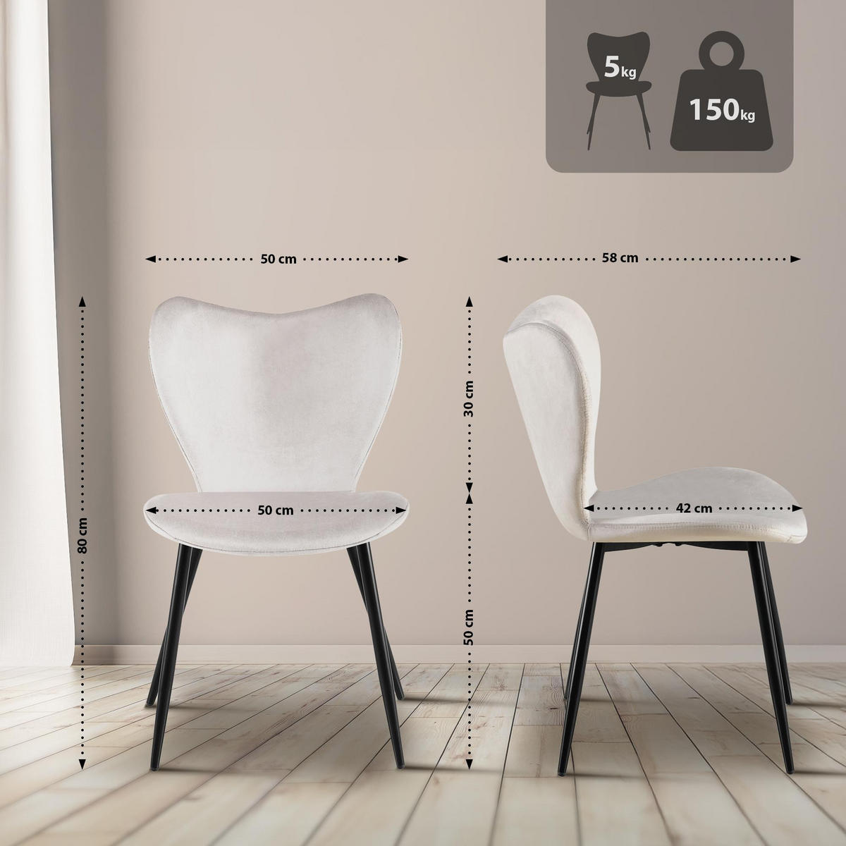 ESSZIMMERSTUHL Samt Grau - Schwarz/Grau, Textil/Metall (50/80/58cm) - CLP