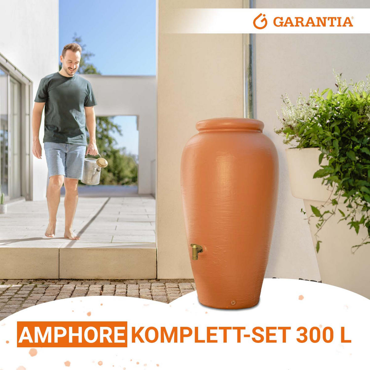 AMPHORE Regentonnen Komplett-Set 300 L kotta inkl. Kunststoff-Auslaufhahn und Fallrohranschluss - Terracotta, Kunststoff (68/129/68cm) - GARANTIA